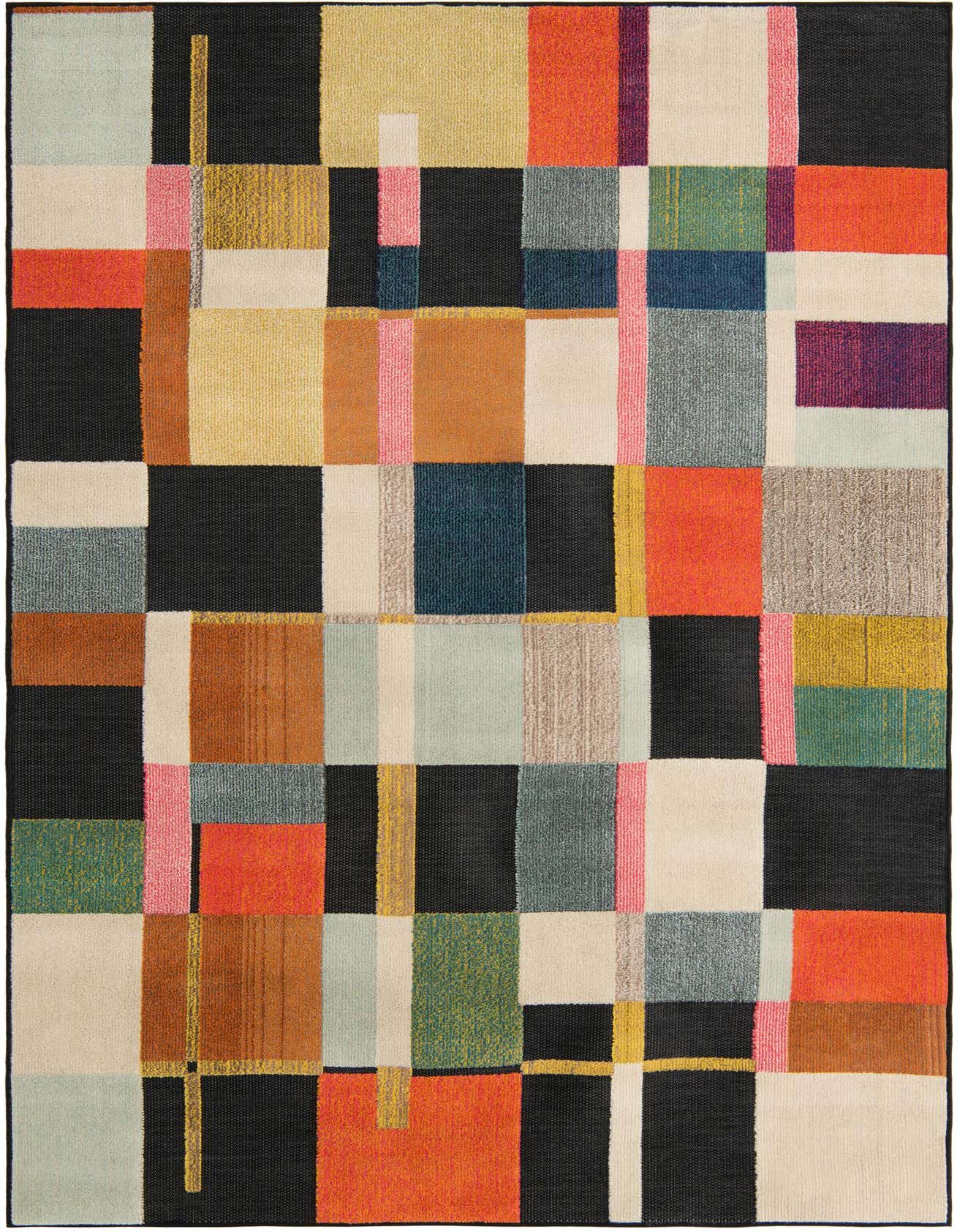 A 6x9 rectangular multi-colored modern rug with a patchwork design, featuring blocks of black, orange, yellow, pink, blue, and green.