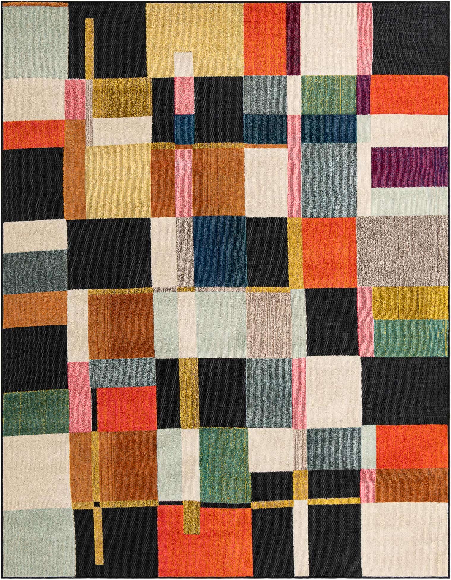 A vibrant 8x10 rectangular modern rug featuring a multi-colored patchwork design with blocks of black, yellow, orange, blue, green, and pink.
