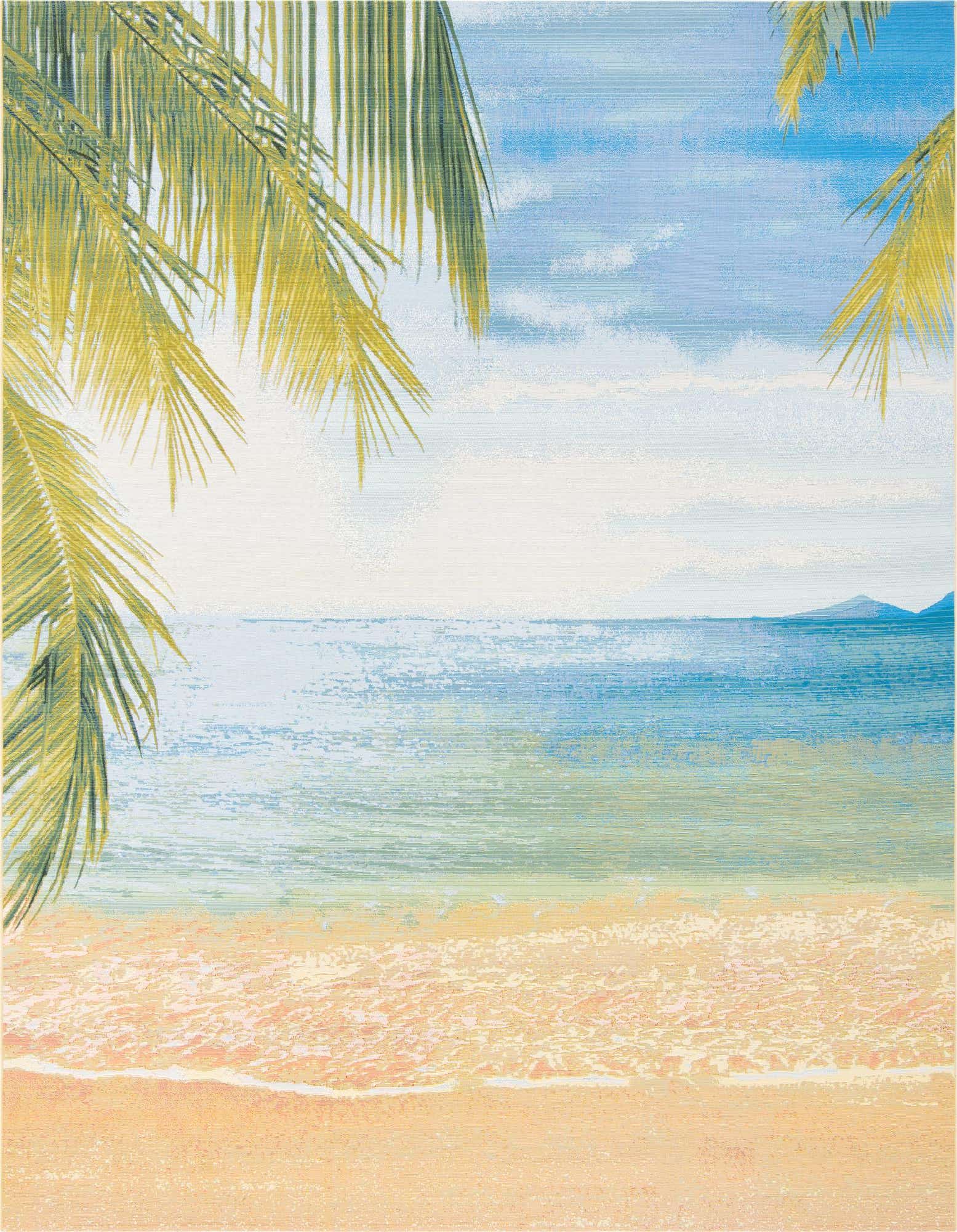 A 10x12 rectangular outdoor rug depicting a vibrant tropical beach scene with palm fronds, blue sky, ocean waves, and sandy shore.