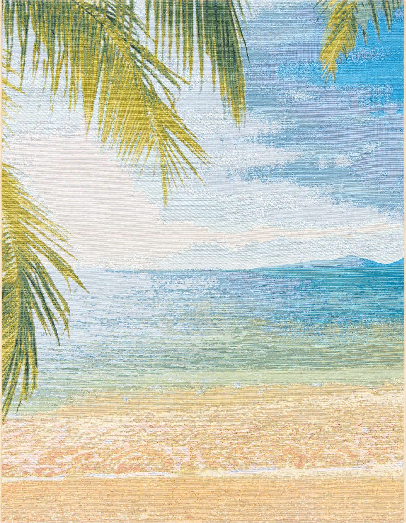 A 5x8 rectangular rug featuring a vibrant tropical beach scene with palm fronds, blue sky, clear ocean, and sandy shore.
