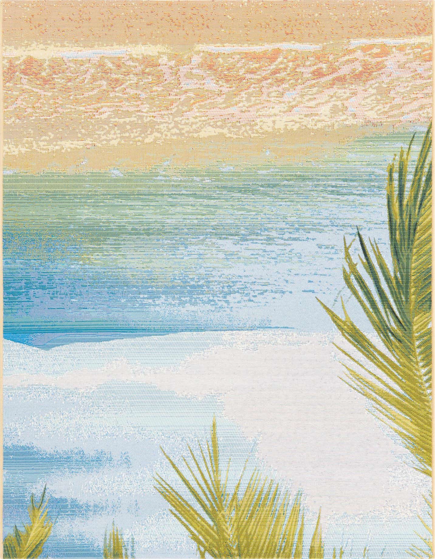 A 4x6 rectangular indoor/outdoor rug featuring a vibrant tropical beach scene with palm fronds, blue ocean, and a colorful sunset sky.