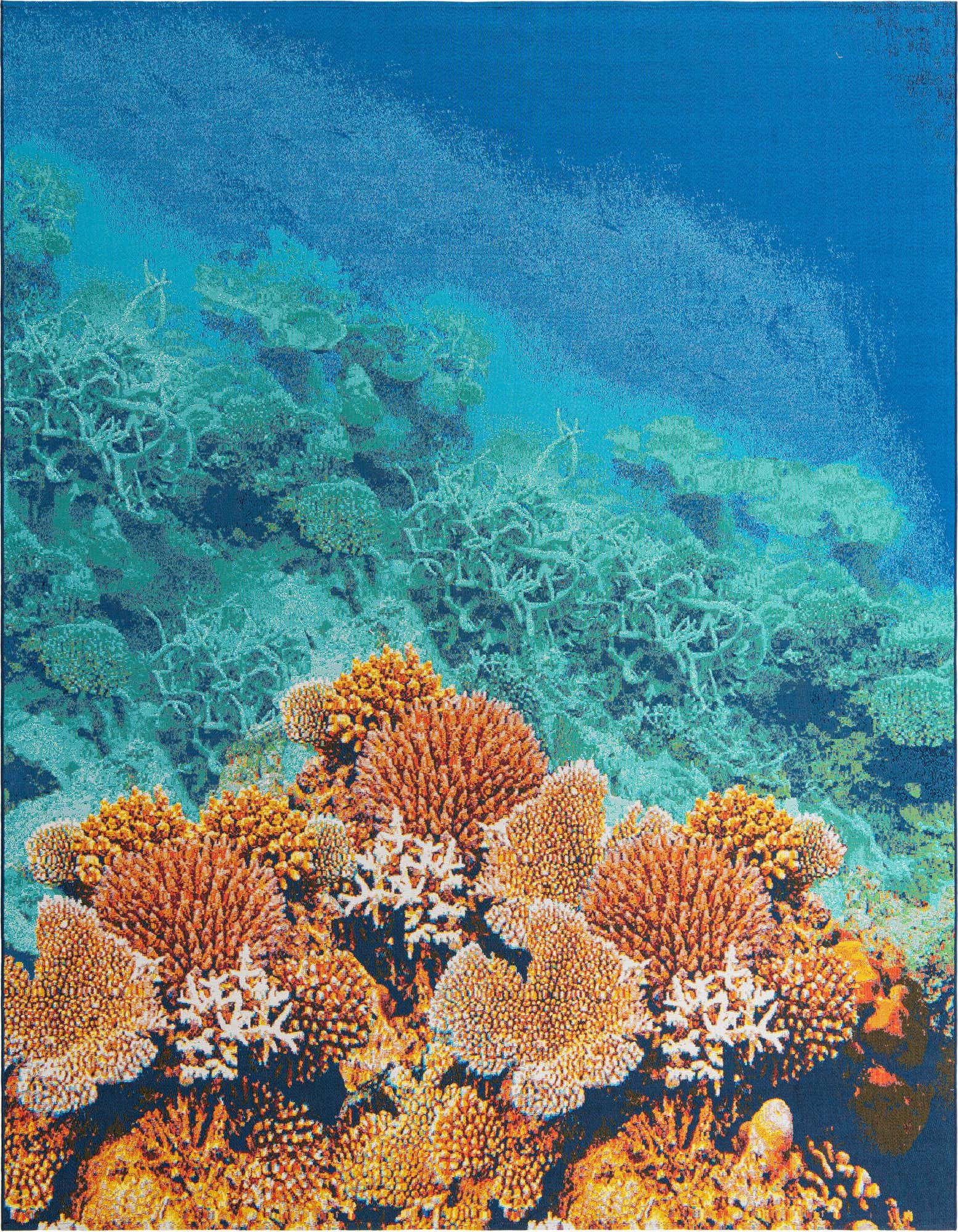 A vibrant 10x12 rectangular indoor/outdoor rug featuring a multi-colored coral reef design with blue water and orange and white coral.