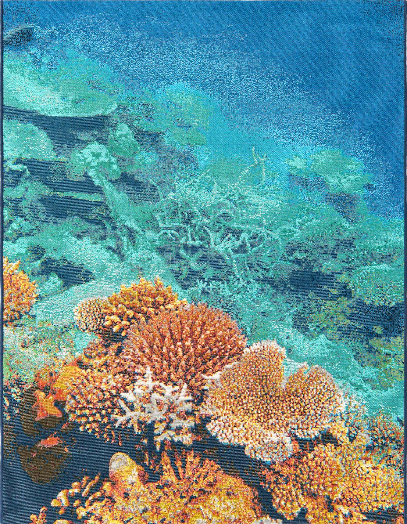 A vibrant 4x6 rectangular rug featuring a detailed underwater coral reef scene with orange, blue, and teal colors.