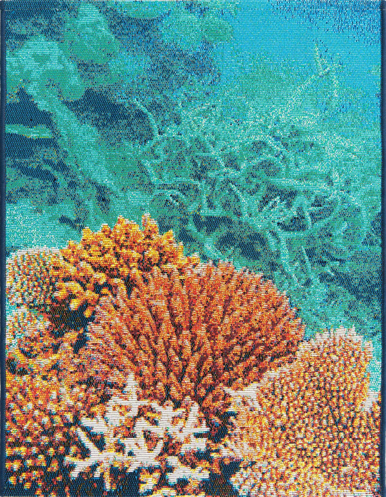 A 2x3 rectangular Rugs.com Outdoor Coastal rug with a vibrant coral reef pattern in orange, white, and teal.