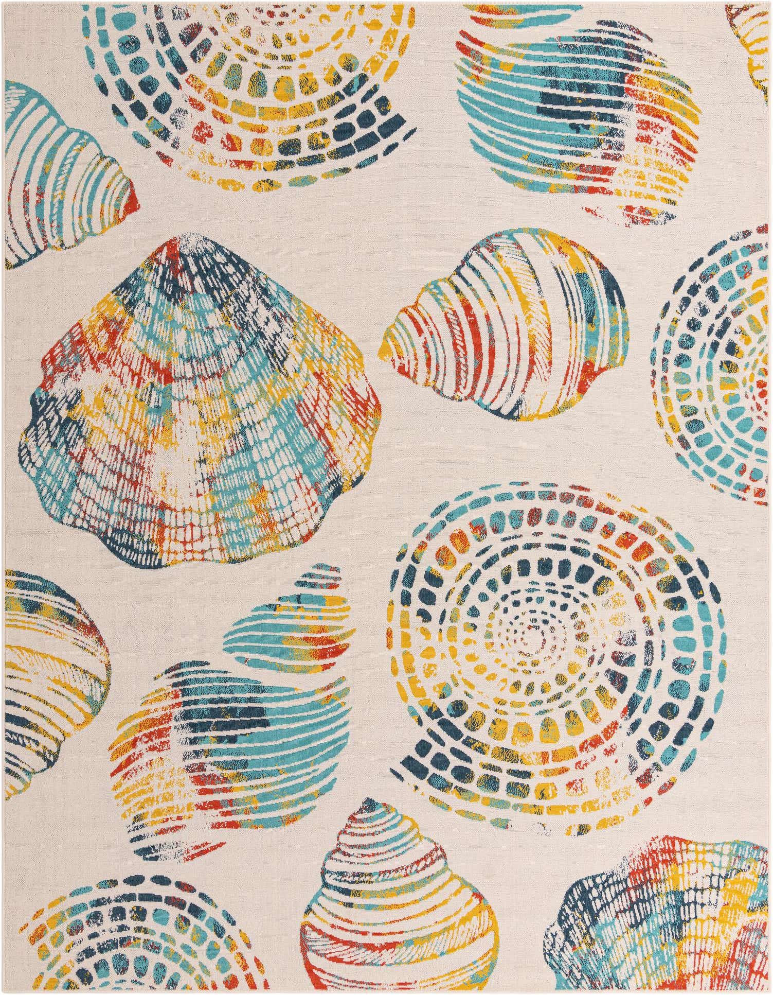 A 9x12 rectangular multi-colored coastal rug featuring vibrant abstract seashells in blue, yellow, and red on a light background, suitable for a patio or living room.