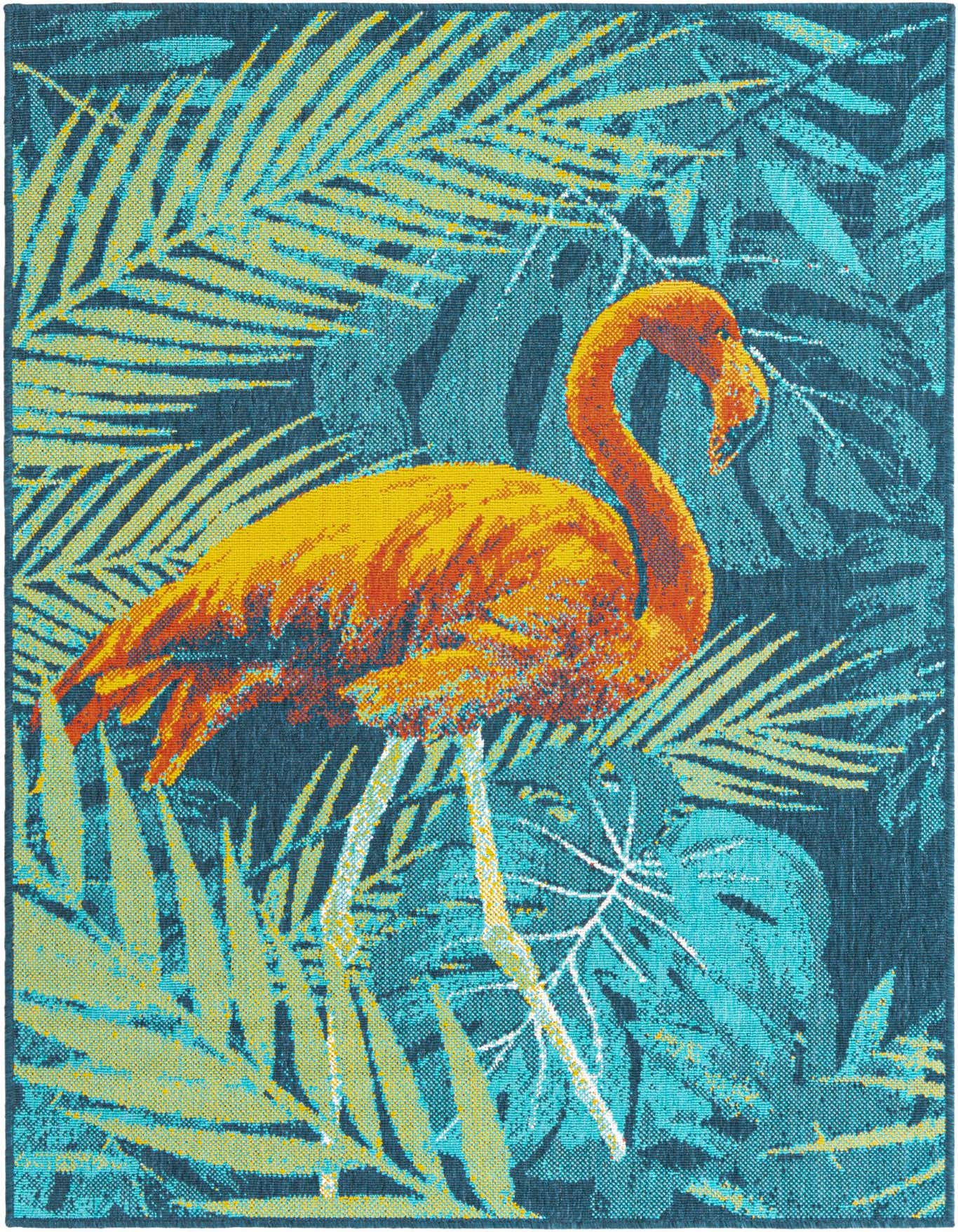 A vibrant 4x6 rectangular rug featuring an orange flamingo amidst teal and yellow-green tropical leaves on a dark blue background.