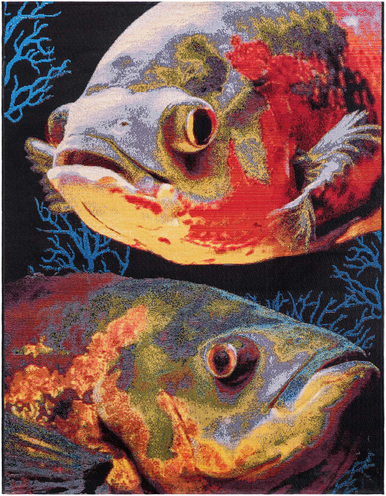 A 4x6 multi-colored rectangular rug featuring two large, vibrant fish with blue coral accents on a black background.