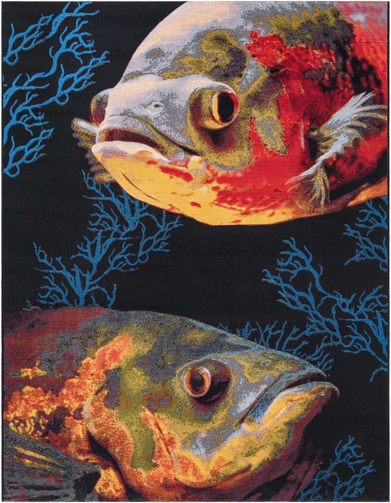 A 6x9 rectangular rug featuring two large, colorful fish against a black background with blue coral accents, ideal for a patio or living room.