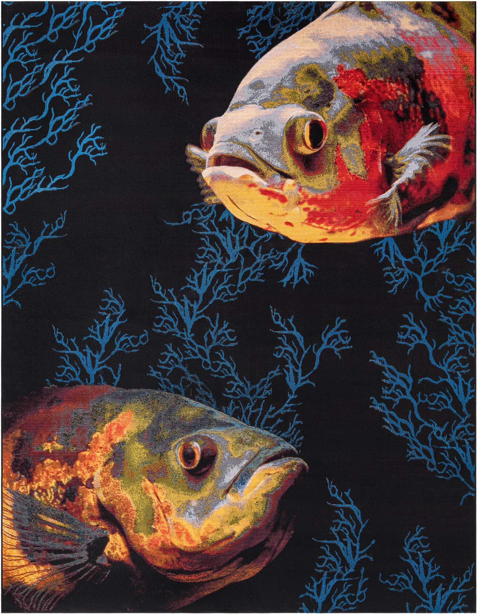 A 9x12 rectangular rug featuring two large, colorful fish on a black background with blue coral patterns, suitable for a patio or living room.