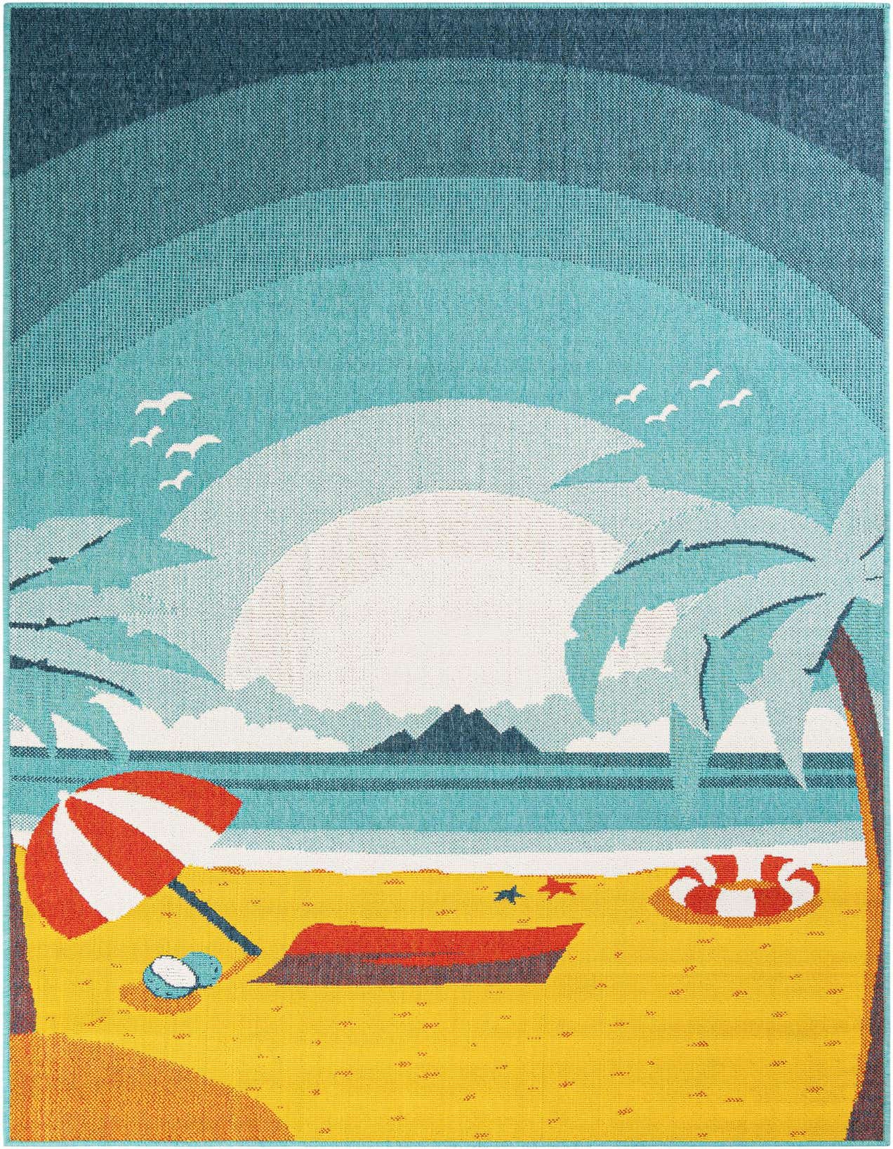 A vibrant 5x8 rectangular outdoor rug depicting a sunny beach scene with palm trees, ocean, red and white umbrella, and a life preserver.