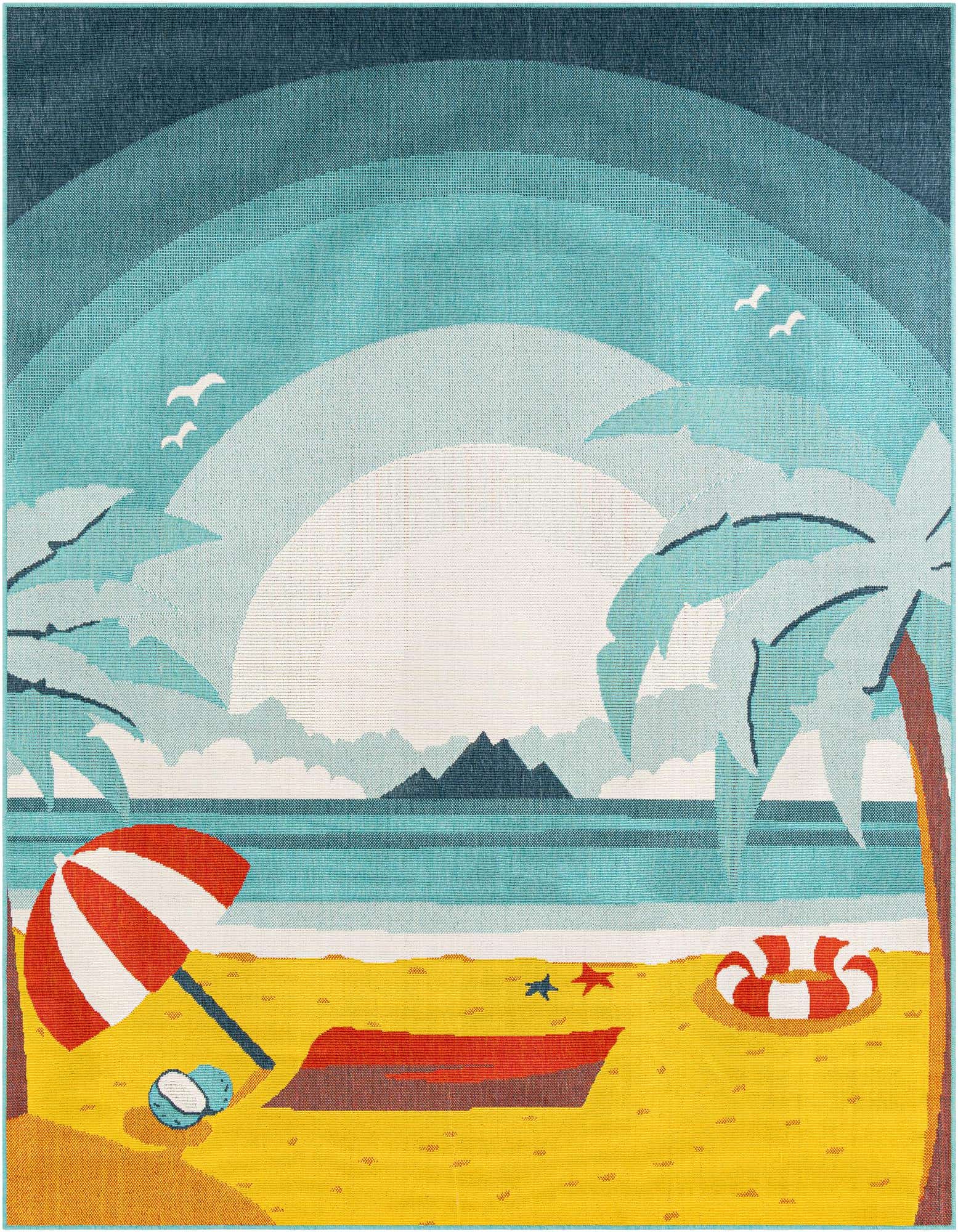 A vibrant 8x10 rectangular rug depicting a sunny beach scene with palm trees, a red and white umbrella, and ocean waves under a blue sky.