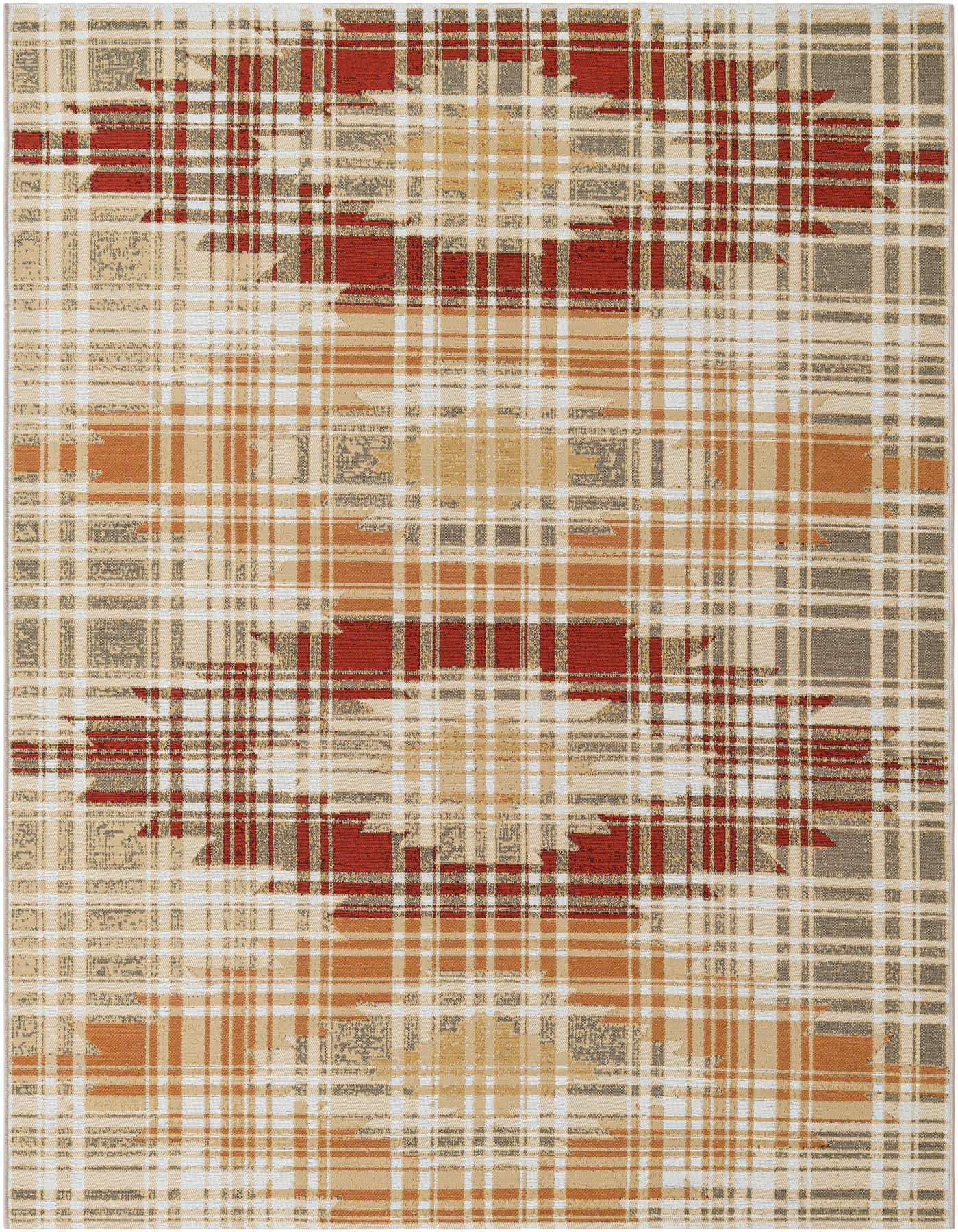 A 5x8 rectangular indoor/outdoor rug featuring a modern abstract plaid pattern in multi-colored hues of red, orange, beige, and gray.