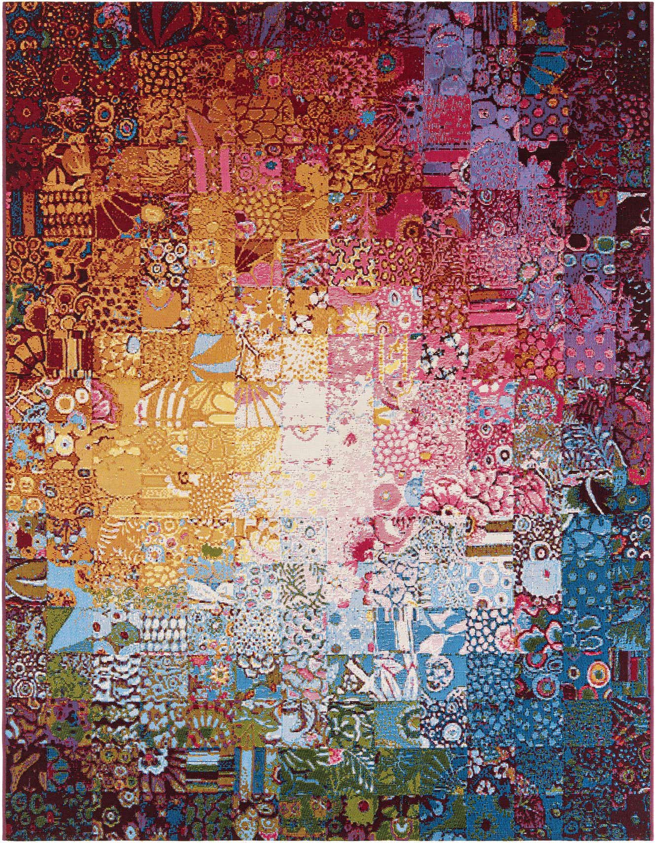 A vibrant 5x8 multi-colored rectangular rug featuring a patchwork of traditional and modern floral and geometric patterns, suitable for indoor or outdoor use.