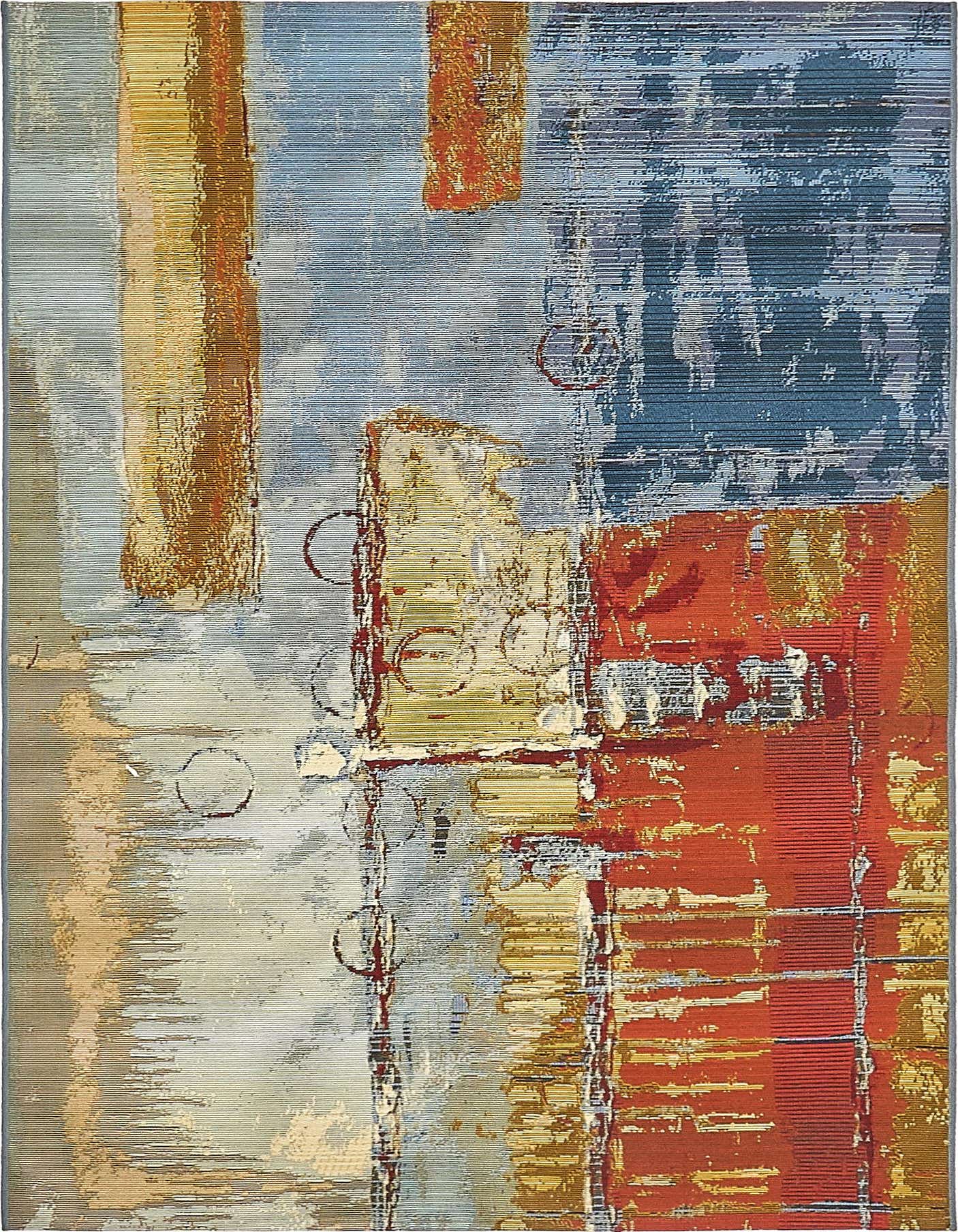 A 4x6 multi-colored abstract rug featuring blocks of blue, red, gold, and cream with subtle circular accents, suitable for indoor or outdoor spaces.