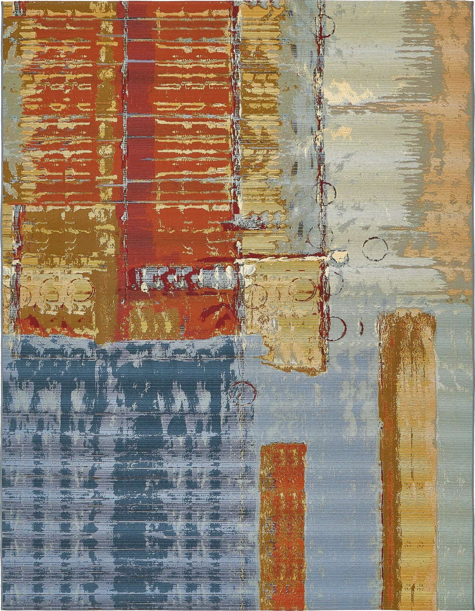 An 8x11 multi-colored abstract rug featuring blocks of rust orange, gold, and blue with textured, distressed patterns.