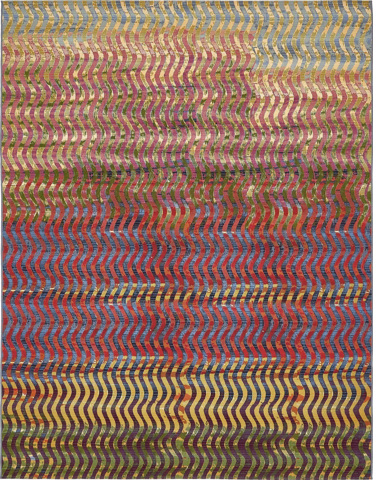 An 8x11 multi-colored rectangular rug with a modern wavy stripe pattern in shades of red, blue, yellow, and green.