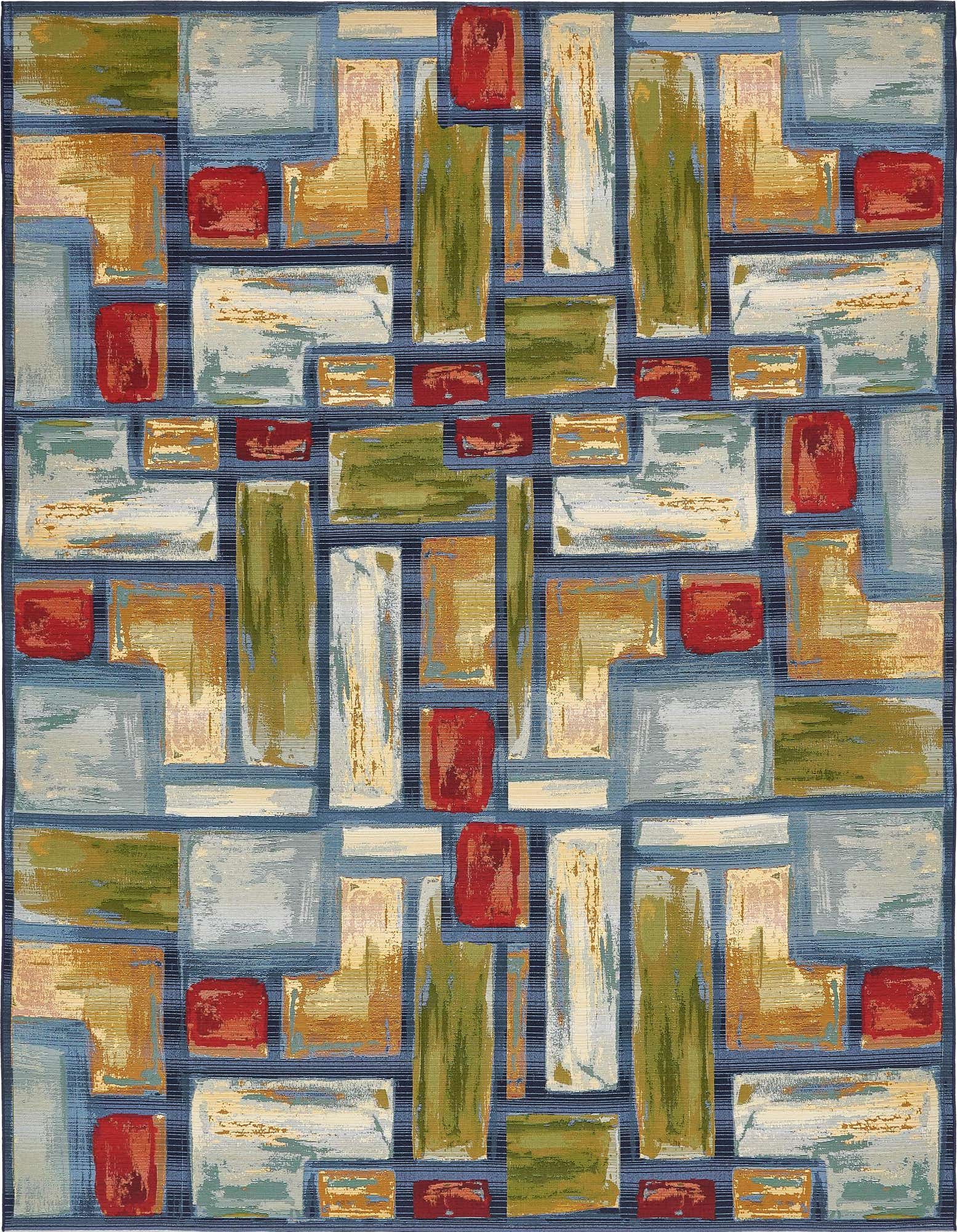 A 10x12 multi-colored rectangular outdoor rug featuring an abstract pattern of blue, green, gold, and red blocks.