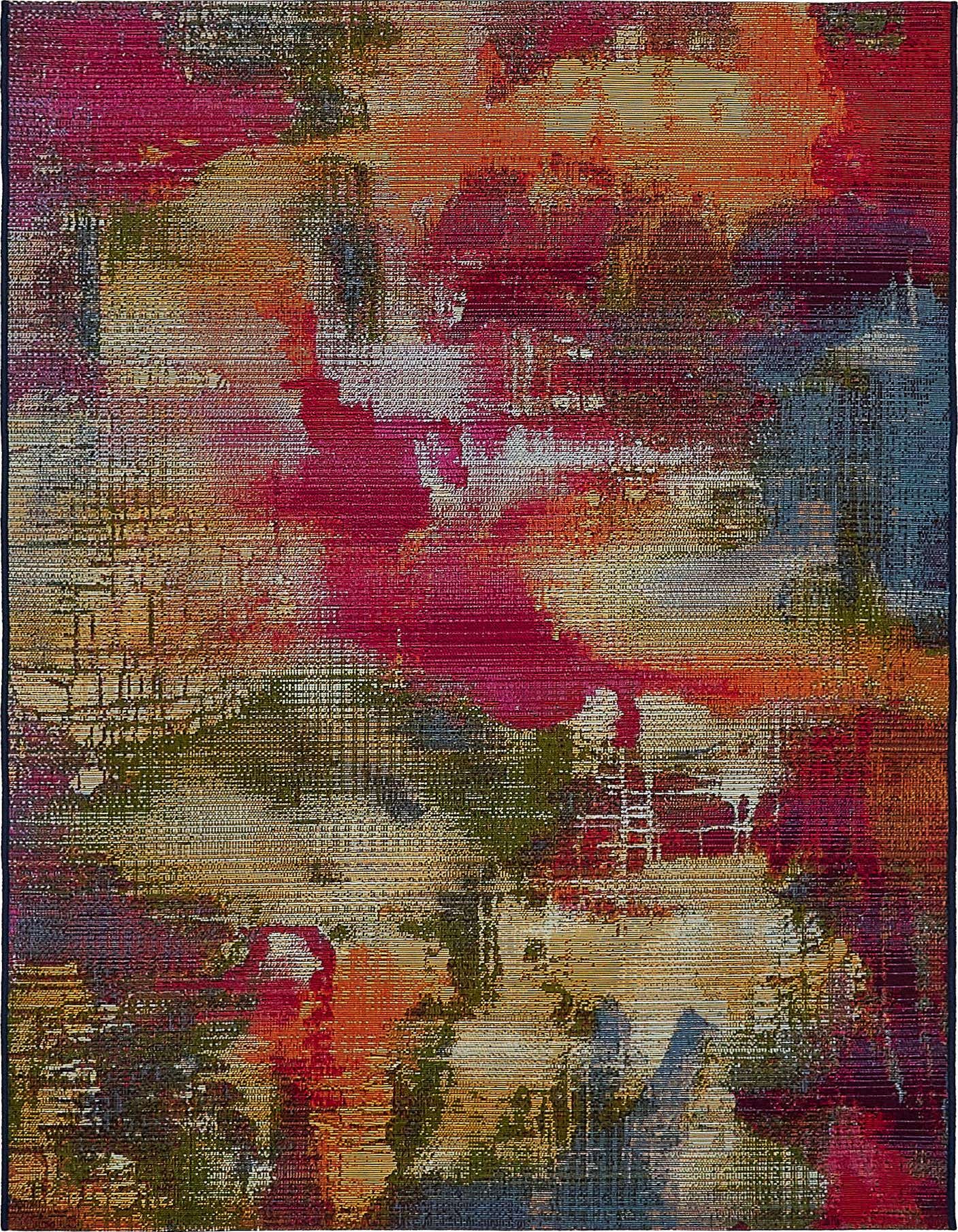 A 4x6 multi-colored abstract rug with a textured flatweave, featuring vibrant pink, orange, blue, and green hues.