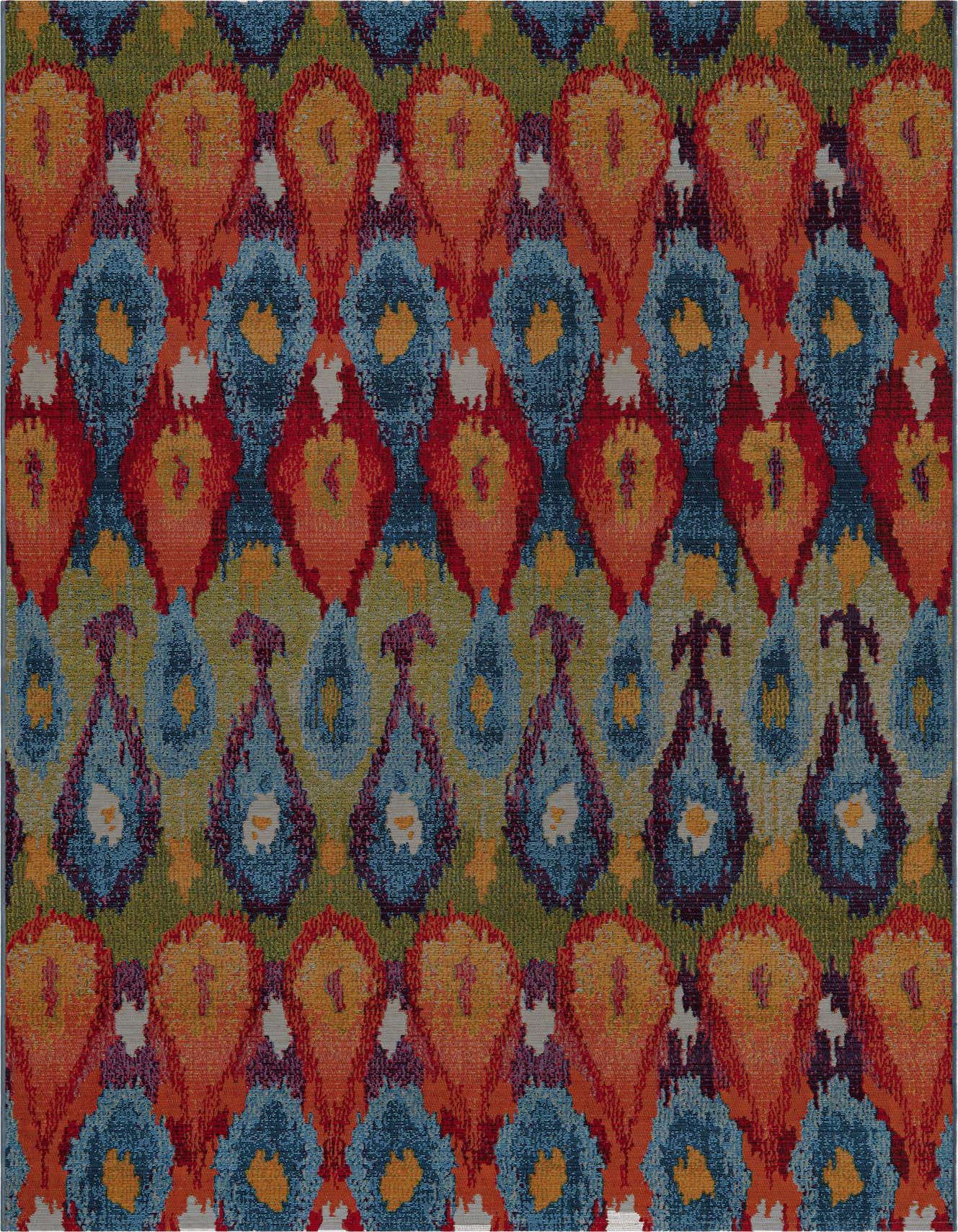 A 5x8 multi-colored rectangular rug with a vibrant ikat-inspired pattern in shades of orange, blue, red, and green, suitable for indoor or outdoor use.