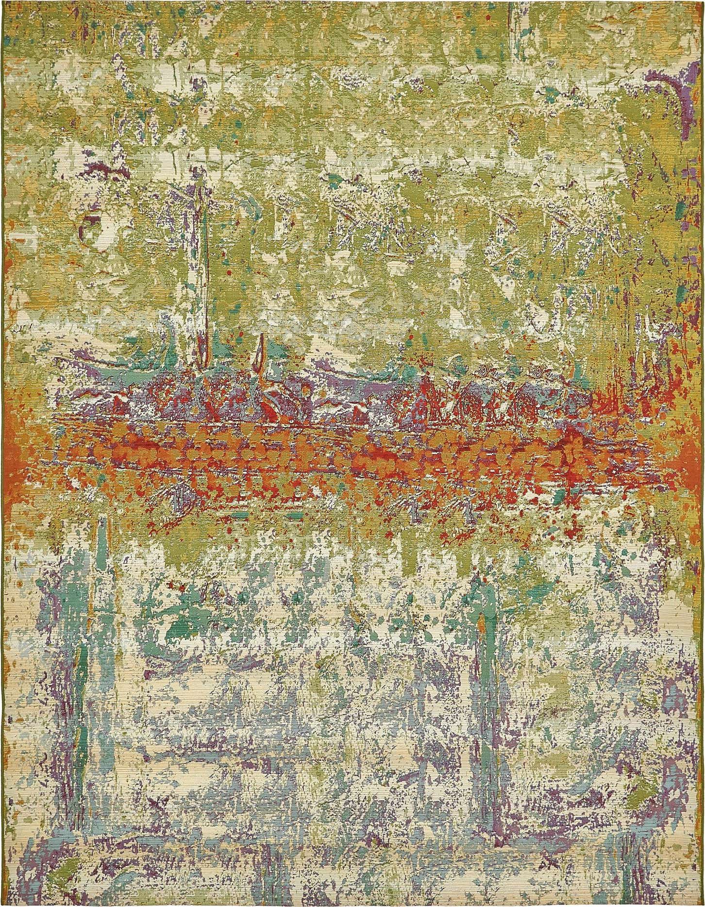 An 8x11 multi-colored rectangular rug with an abstract, distressed pattern featuring shades of green, orange, red, and cream.