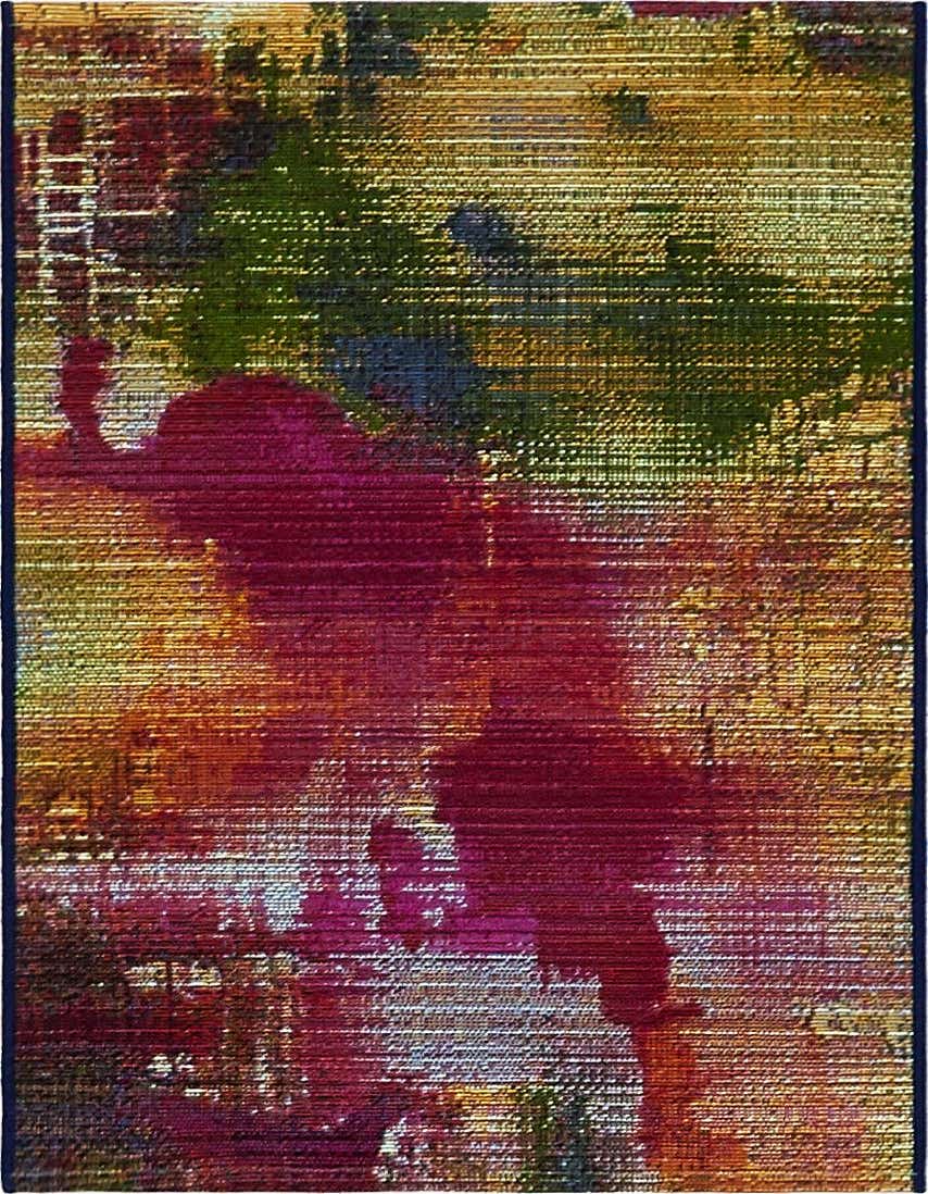A 2x3 rectangular modern abstract rug with vibrant multi-colored hues including magenta, gold, green, and blue, suitable for indoor or outdoor use.