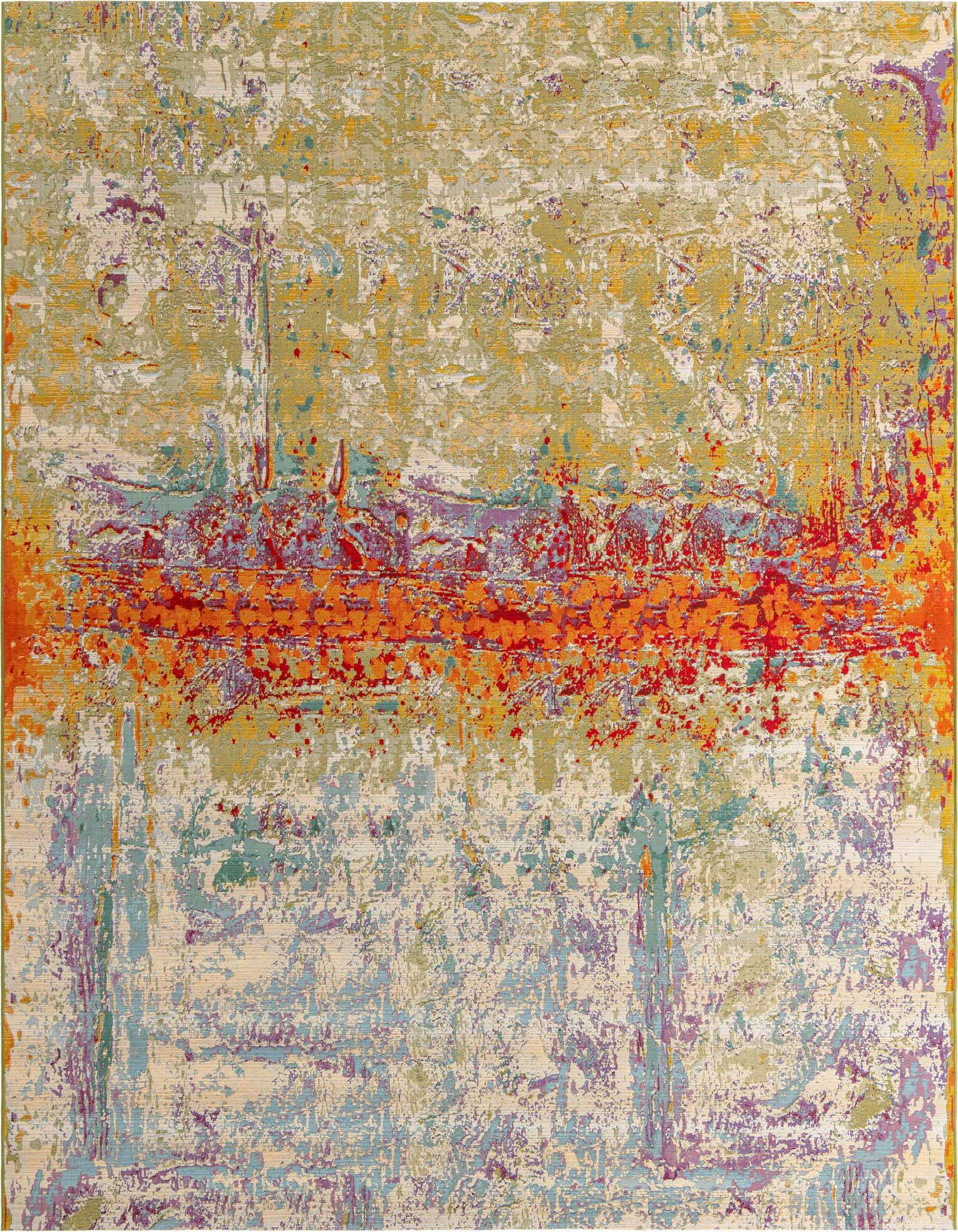 A 10x13 multi-colored abstract rug with a vibrant orange and red band across the middle, suitable for a patio or living room.