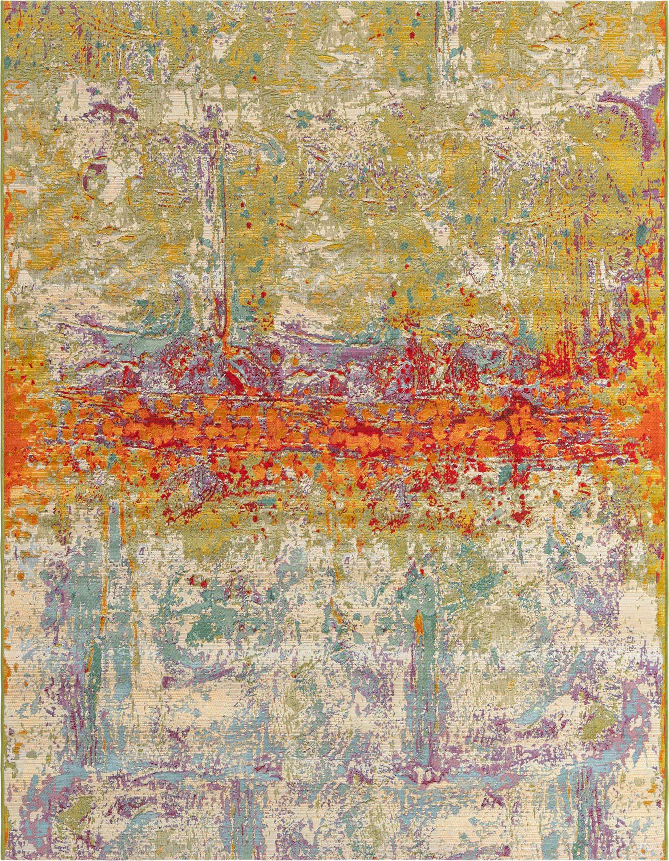 A 6x9 multi-colored abstract rug with a vibrant mix of red, orange, green, and purple, suitable for indoor or outdoor spaces.