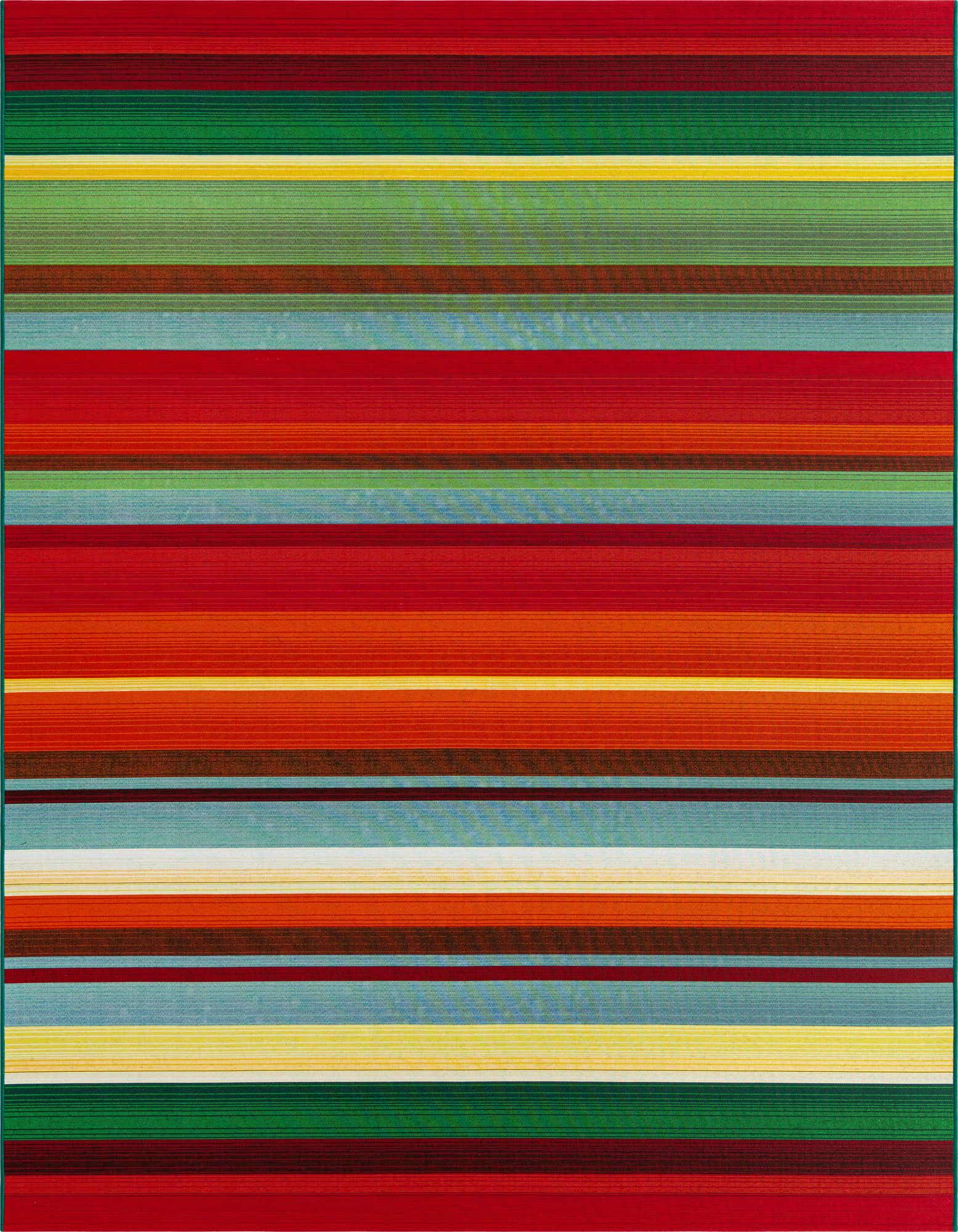 A 10x12 rectangular multi-colored striped rug with vibrant red, green, blue, yellow, and orange bands, suitable for a patio.