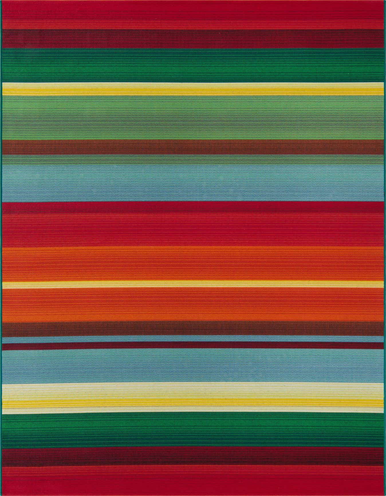 A 5x8 rectangular multi-colored striped rug with vibrant red, green, blue, yellow, and orange bands, suitable for indoor or outdoor use.