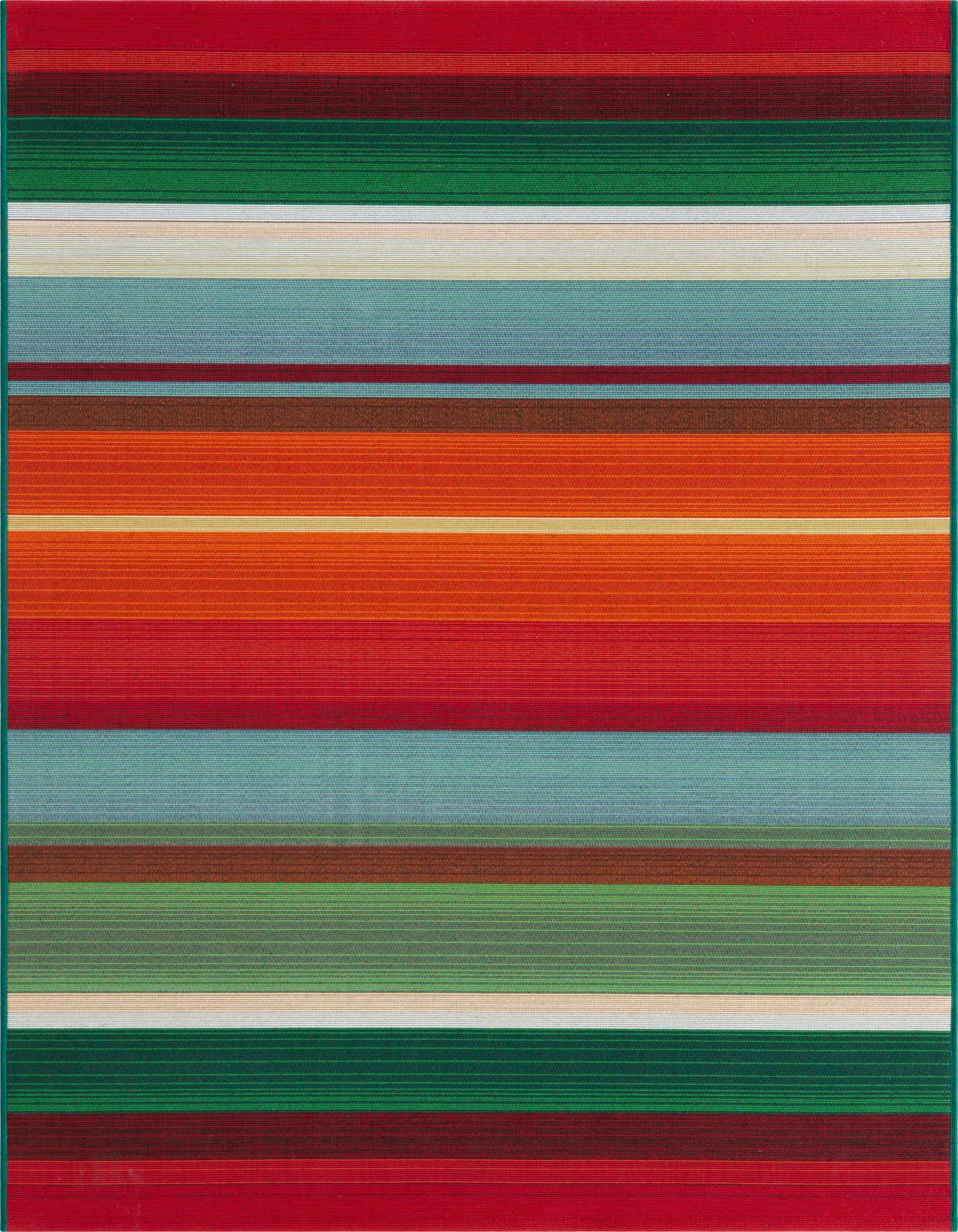 A 4x6 rectangular multi-colored striped rug with vibrant red, orange, green, and blue bands, suitable for indoor or outdoor use.