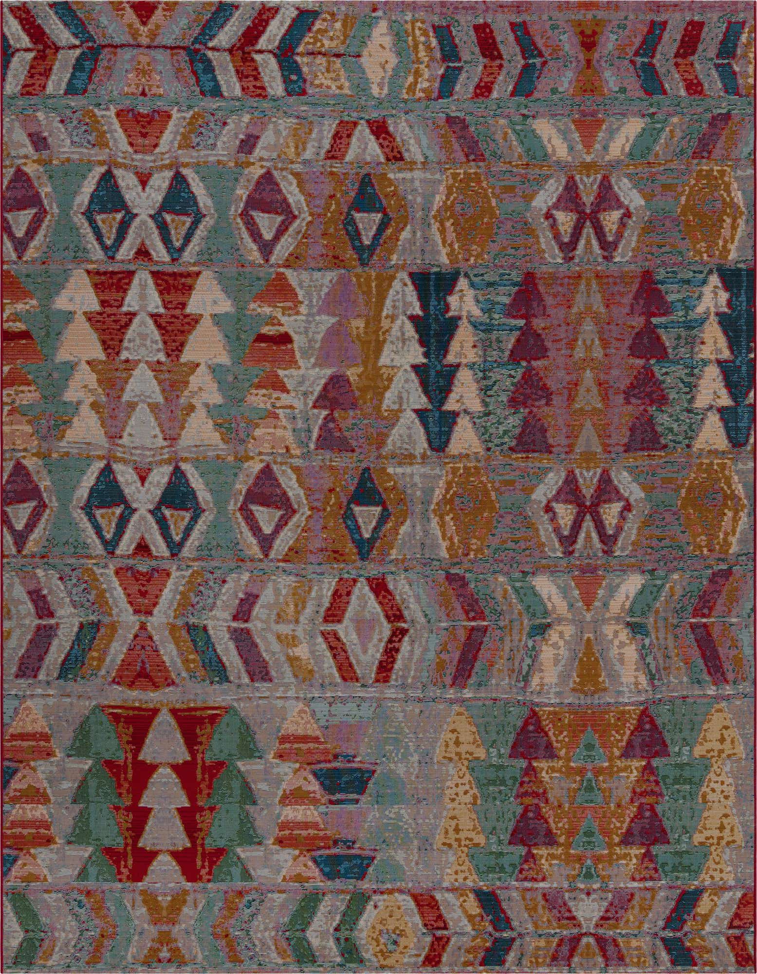 A vibrant 8x10 multi-colored Southwestern flatweave rug with tribal geometric patterns in shades of red, blue, green, and orange.
