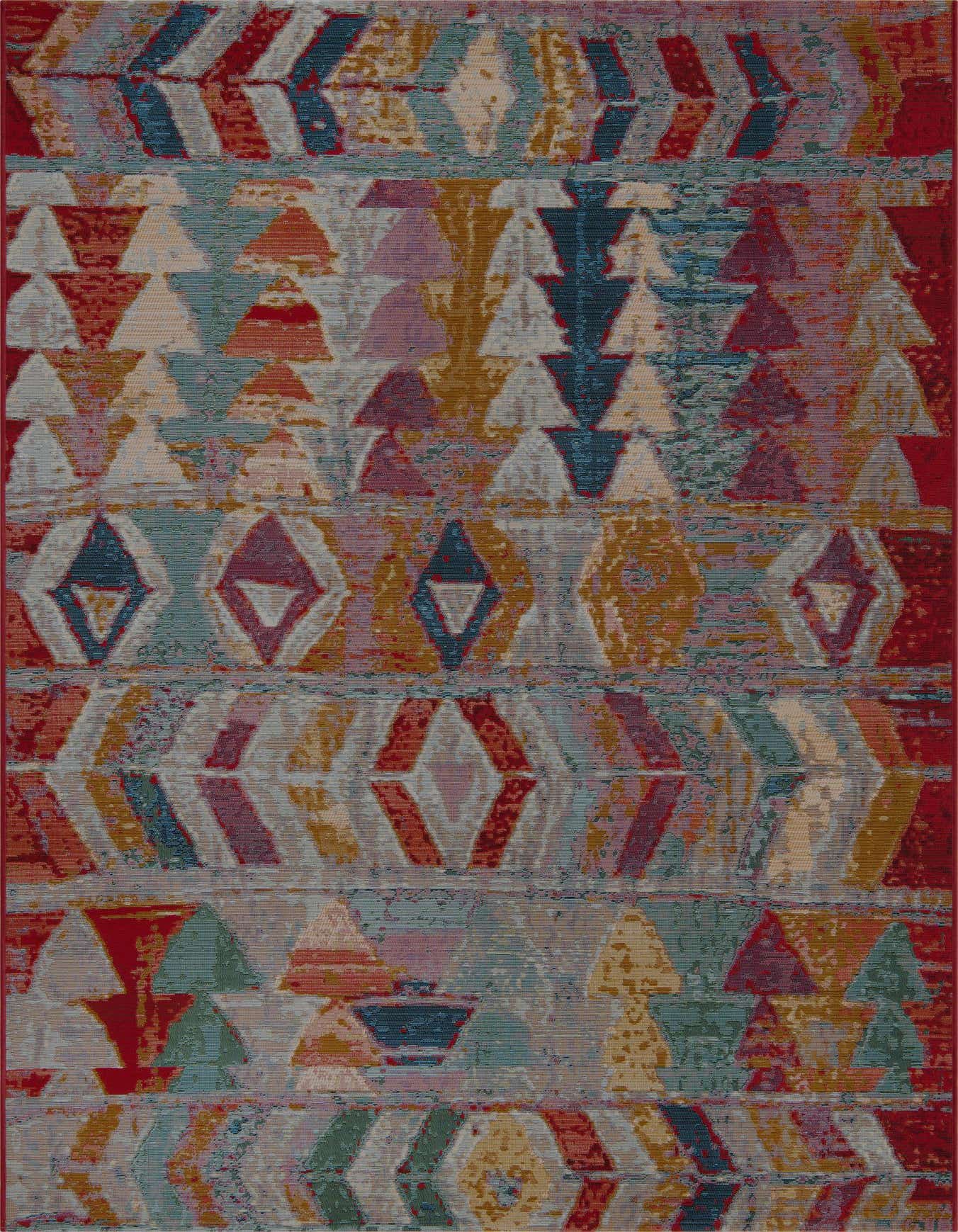 A 5x8 rectangular multi-colored Southwestern rug featuring tribal geometric patterns in red, blue, gold, and cream.