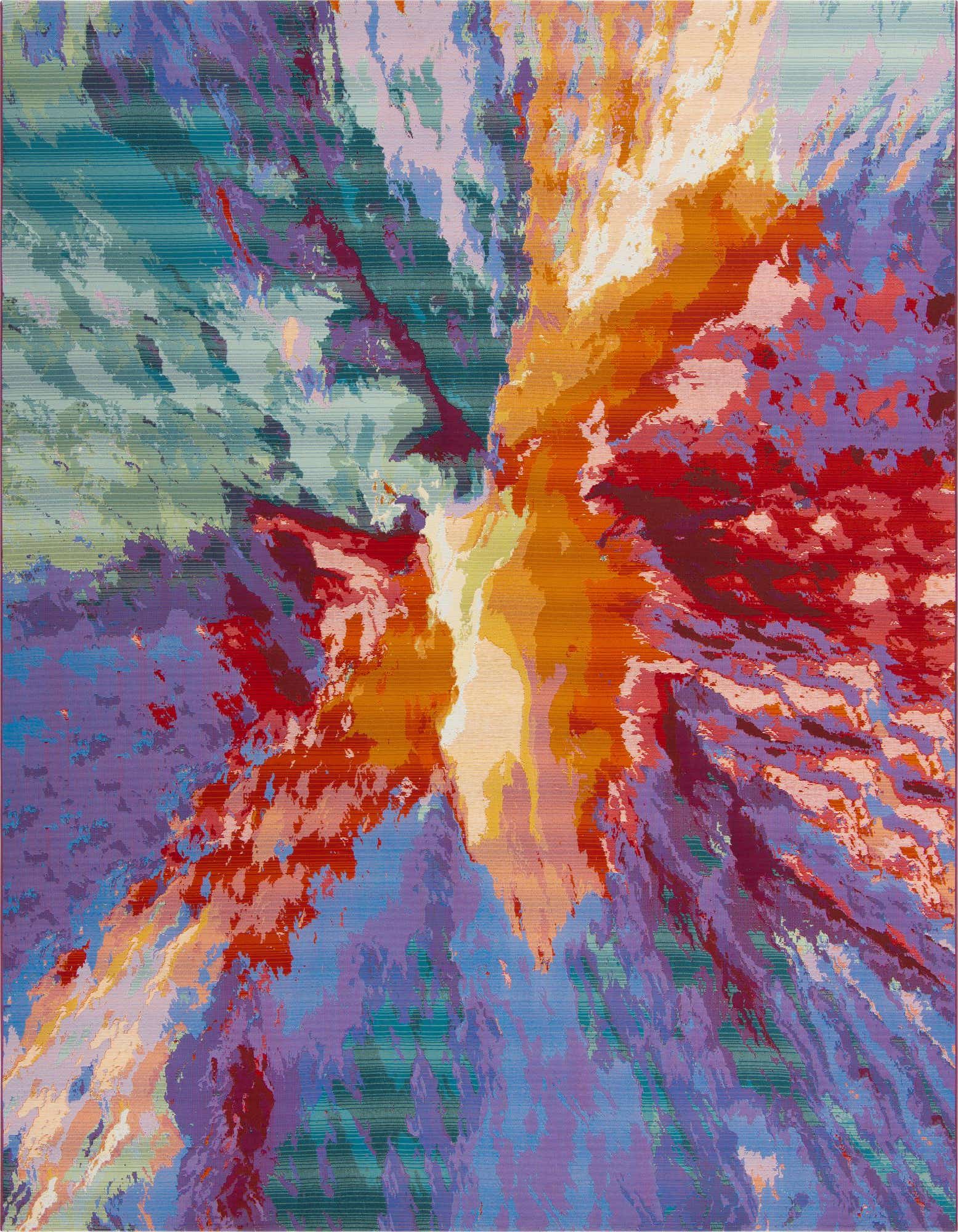 A vibrant 10x12 rectangular outdoor rug with an abstract, multi-colored tropical floral pattern, ideal for a patio.