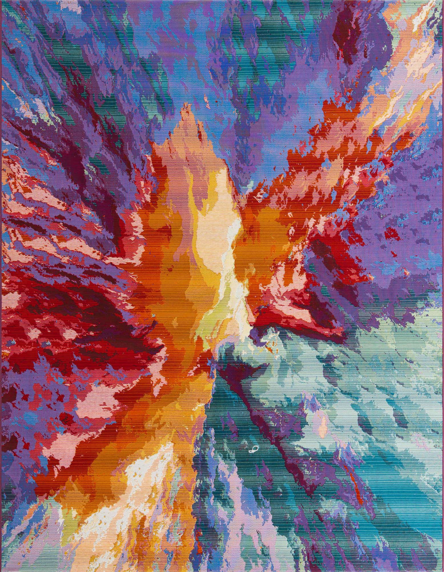 A vibrant 8x10 multi-colored rectangular rug with an abstract tropical floral pattern, suitable for indoor or outdoor spaces.