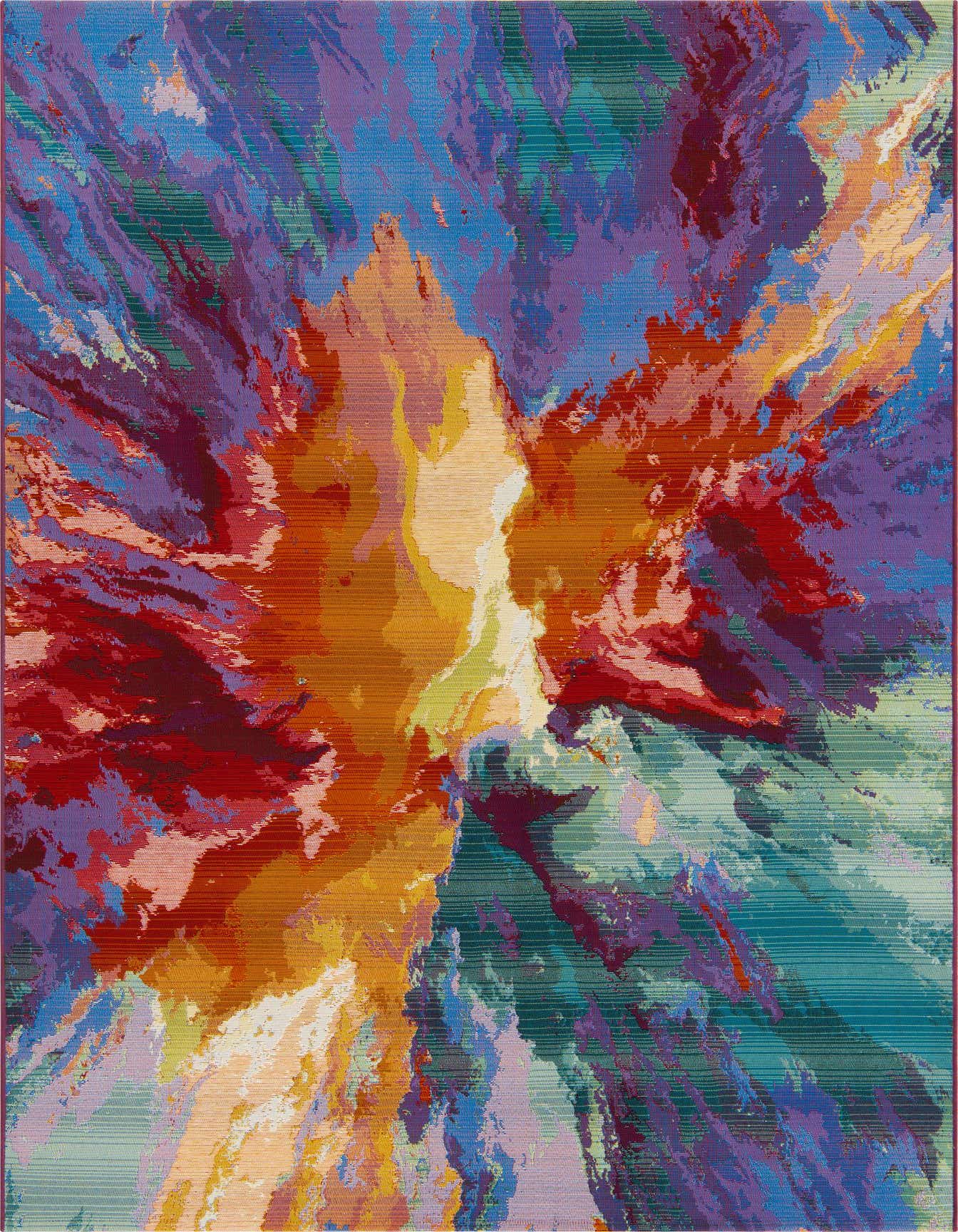 A 5x8 rectangular multi-colored rug with an abstract tropical floral pattern, featuring vibrant reds, oranges, blues, purples, and greens.