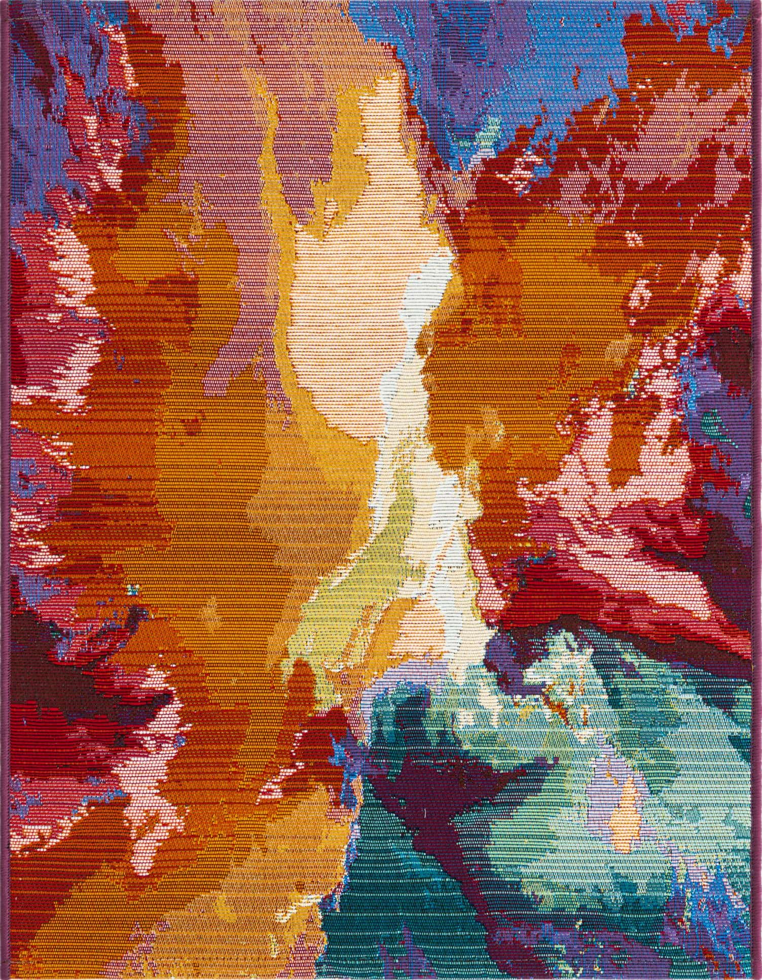 A vibrant 2x3 rectangular rug with an abstract tropical floral pattern in shades of orange, red, blue, and green.