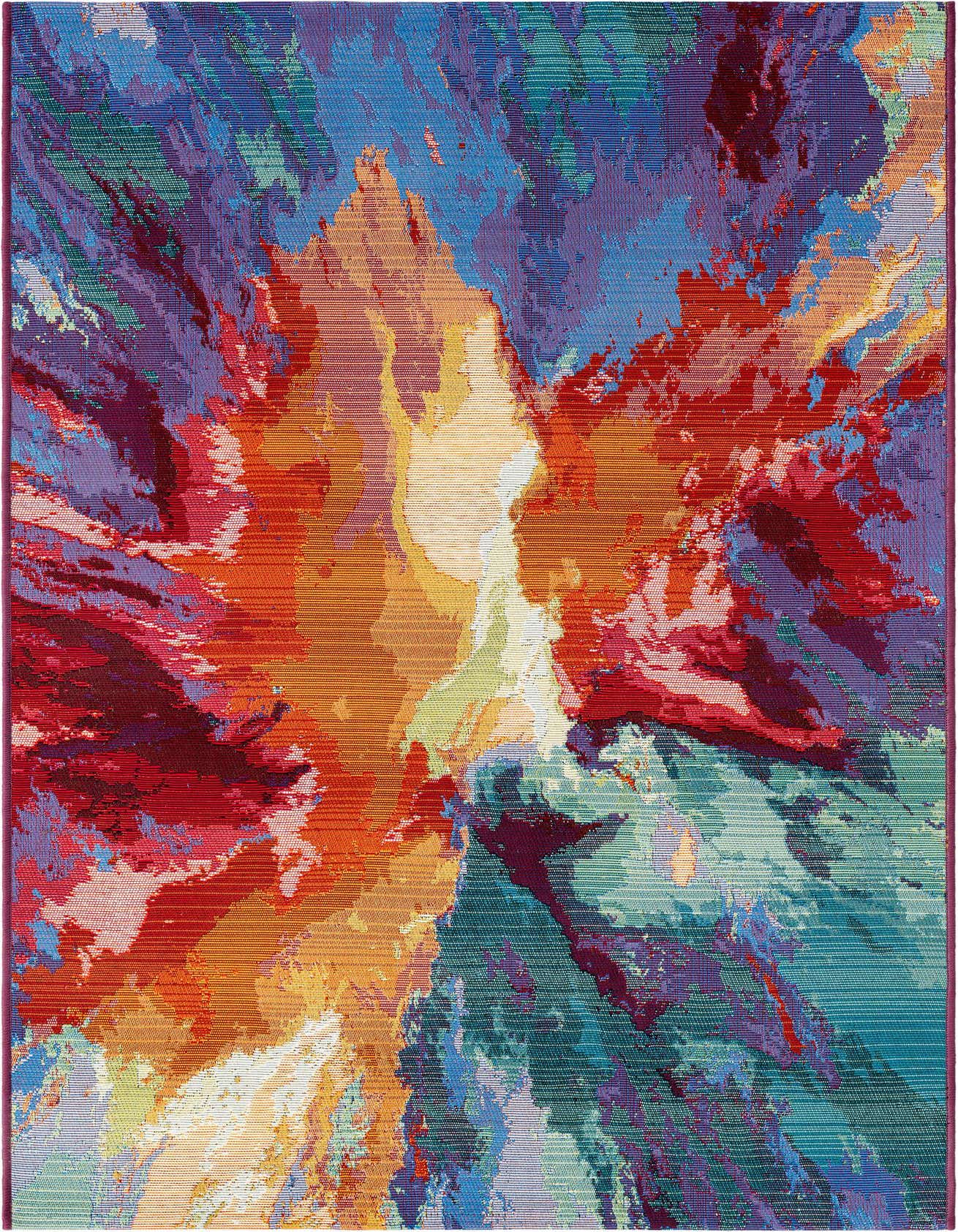 A vibrant 3x5 rectangular abstract rug with a multi-colored design featuring shades of orange, red, blue, purple, and green.