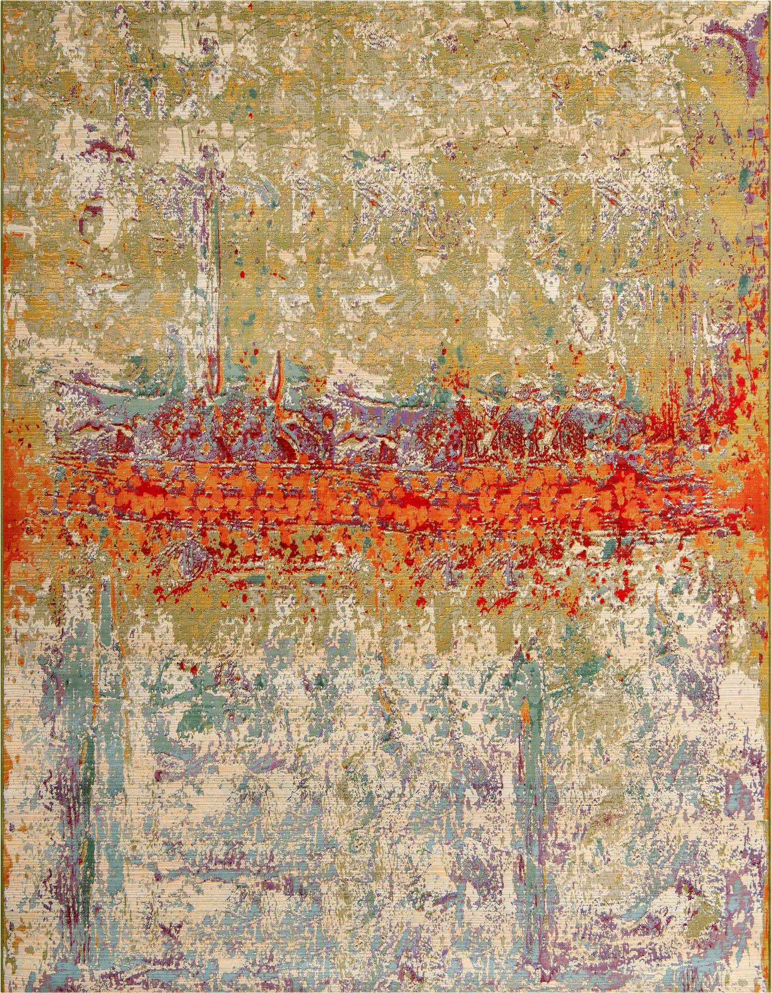 8x10 multi-colored abstract rug with a vibrant orange stripe and distressed green, blue, and purple accents.