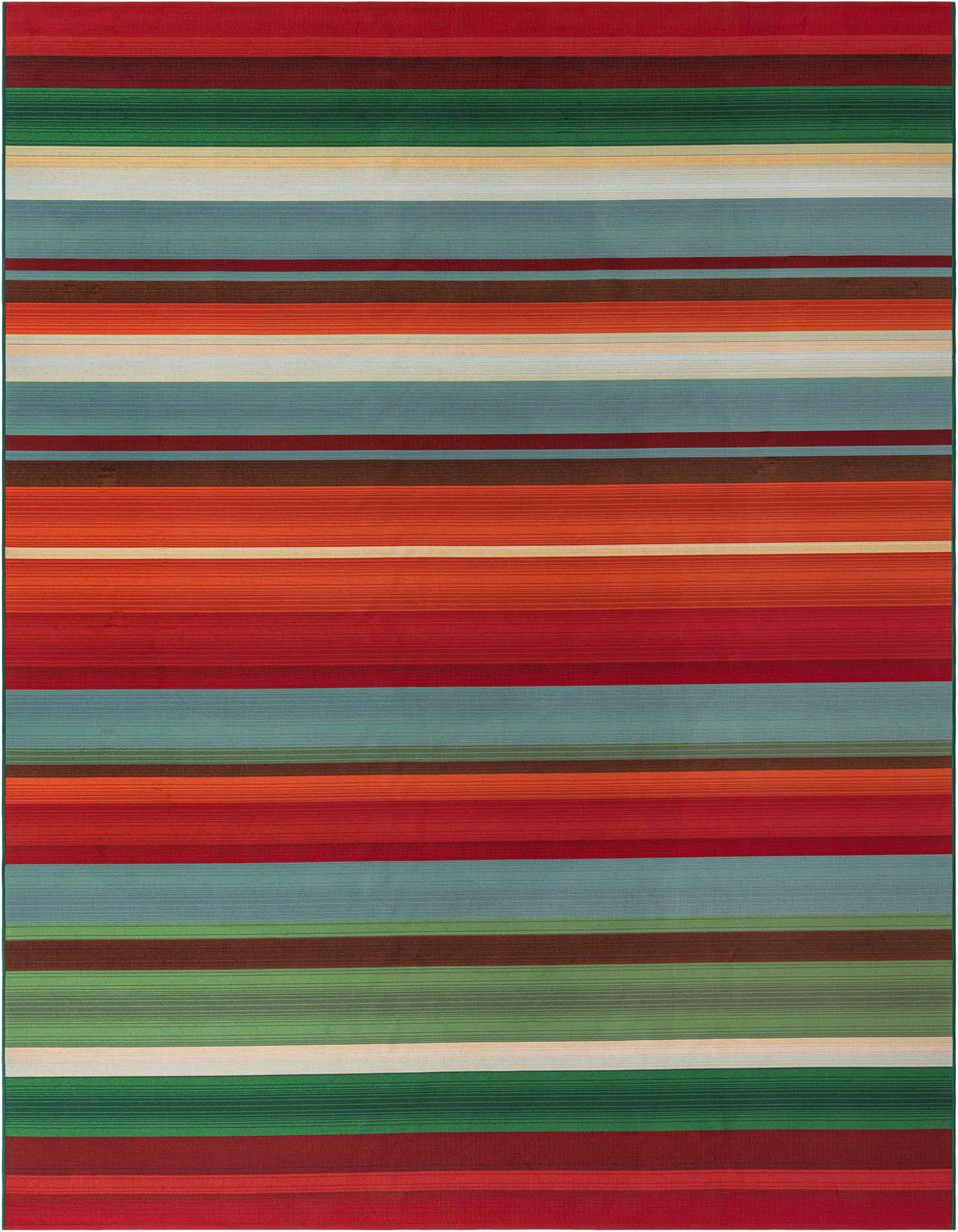 A 10x14 rectangular multi-colored striped rug with bold red, green, blue, and orange hues, perfect for a patio.