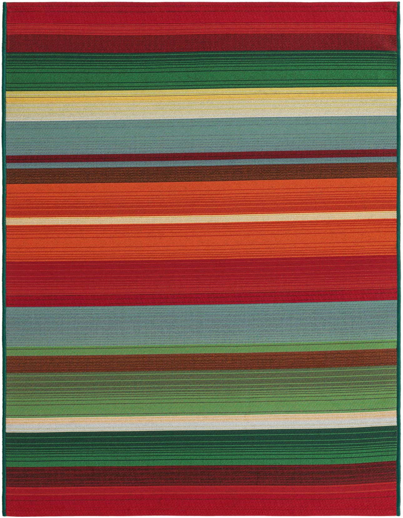 A 3x5 rectangular multi-colored striped flatweave rug, featuring bold horizontal bands of red, green, blue, orange, brown, and yellow, suitable for indoor or outdoor use.