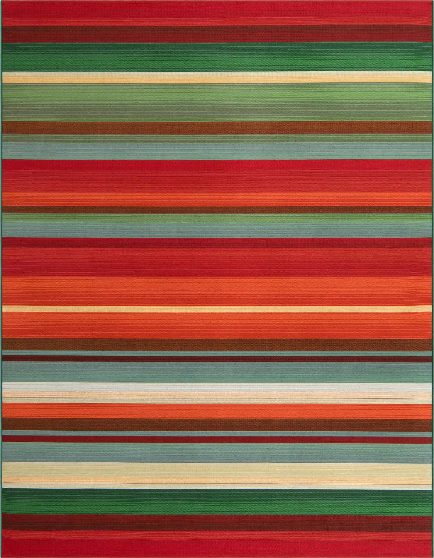 A 7x10 rectangular multi-colored striped flatweave rug, featuring various shades of red, green, blue, orange, and brown, suitable for indoor or outdoor use.