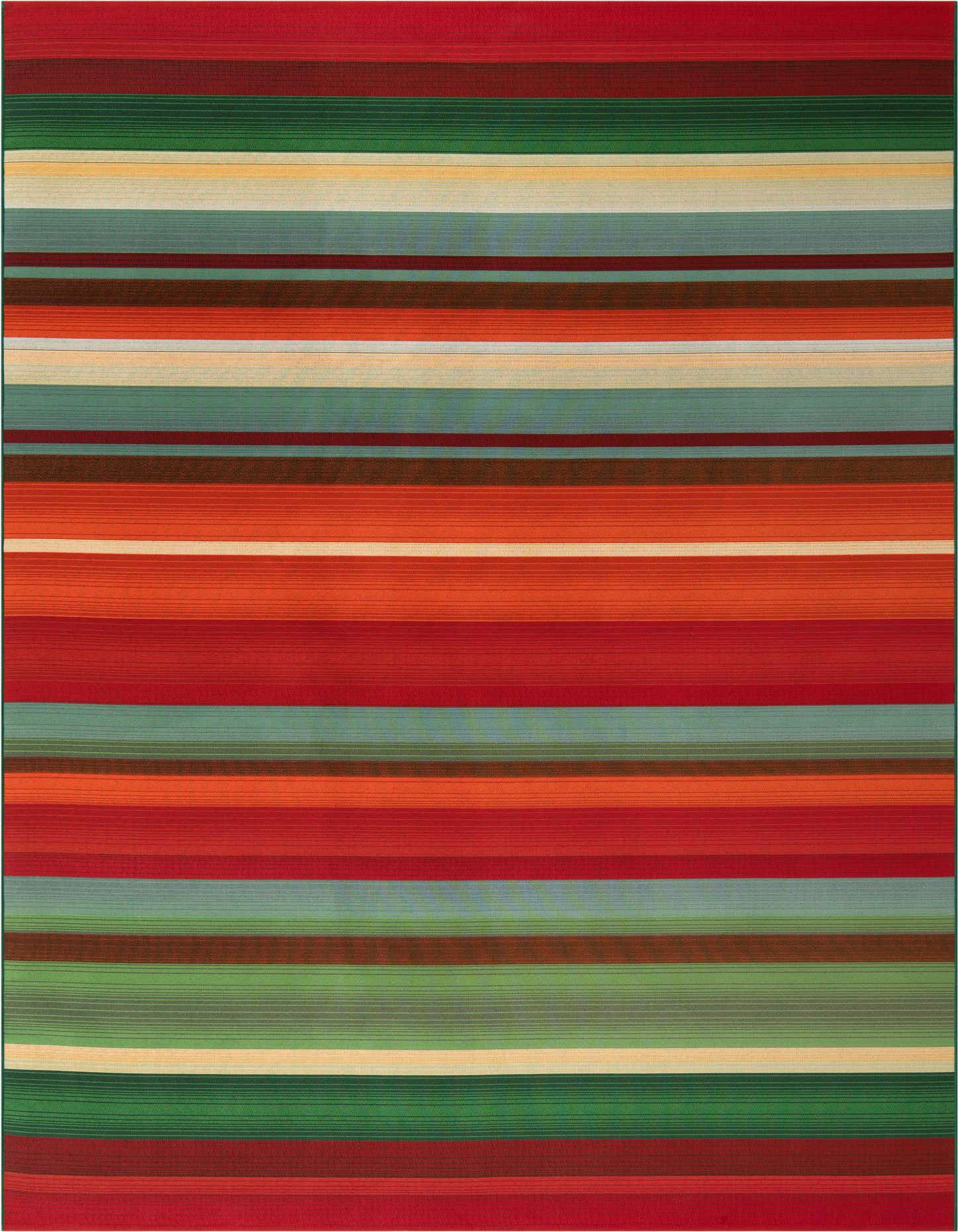 A vibrant 8x11 multi-colored striped rug with red, green, blue, orange, and cream bands, suitable for indoor or outdoor use.