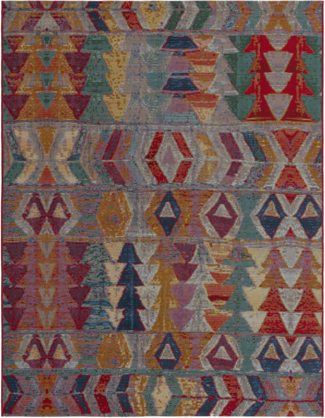 A 6x9 multi-colored rectangular rug with a Southwestern and tribal abstract pattern, featuring various geometric shapes in red, blue, green, and yellow hues.