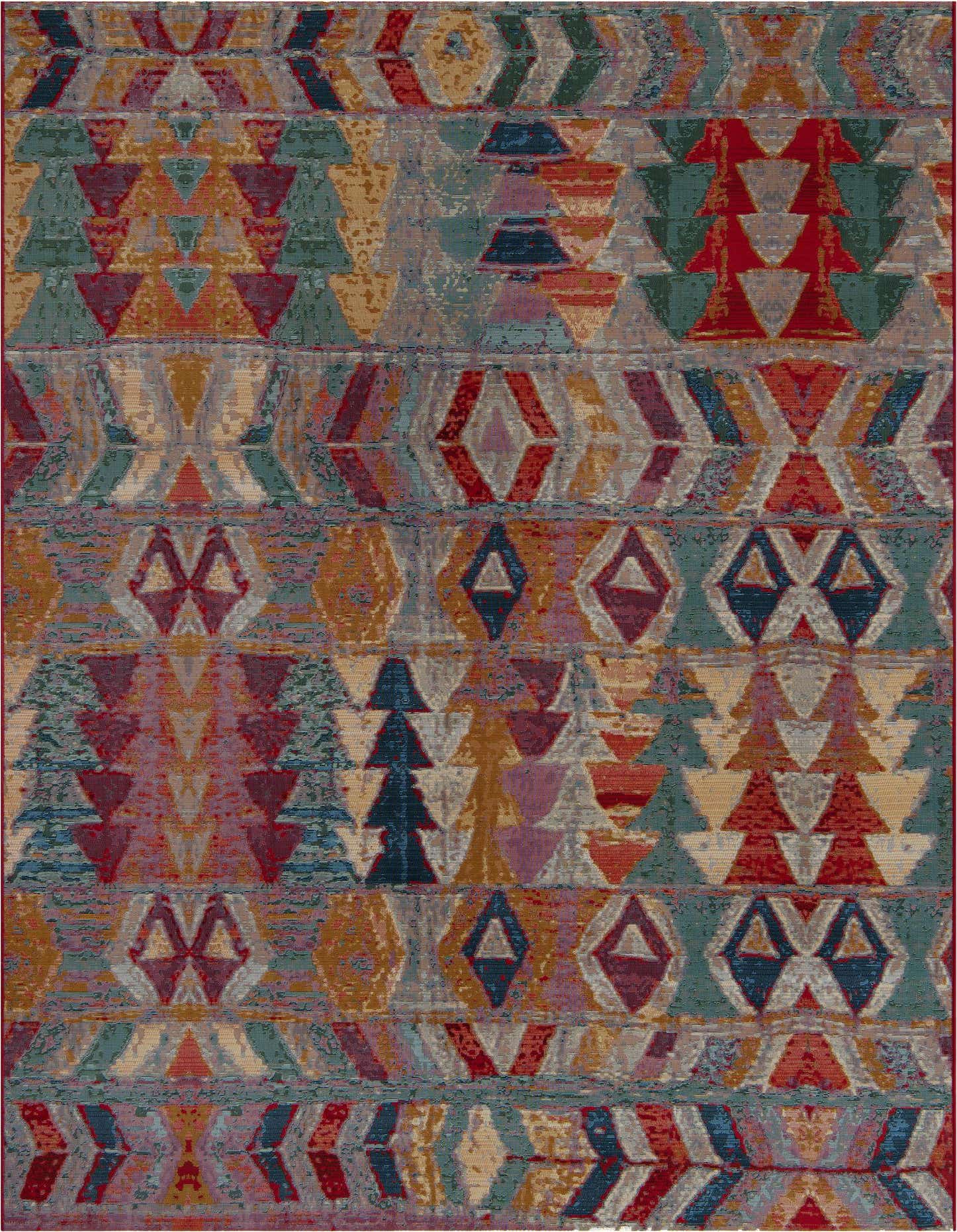 A 7x10 multi-colored rectangular rug featuring a Southwestern tribal pattern with geometric shapes and abstract designs.