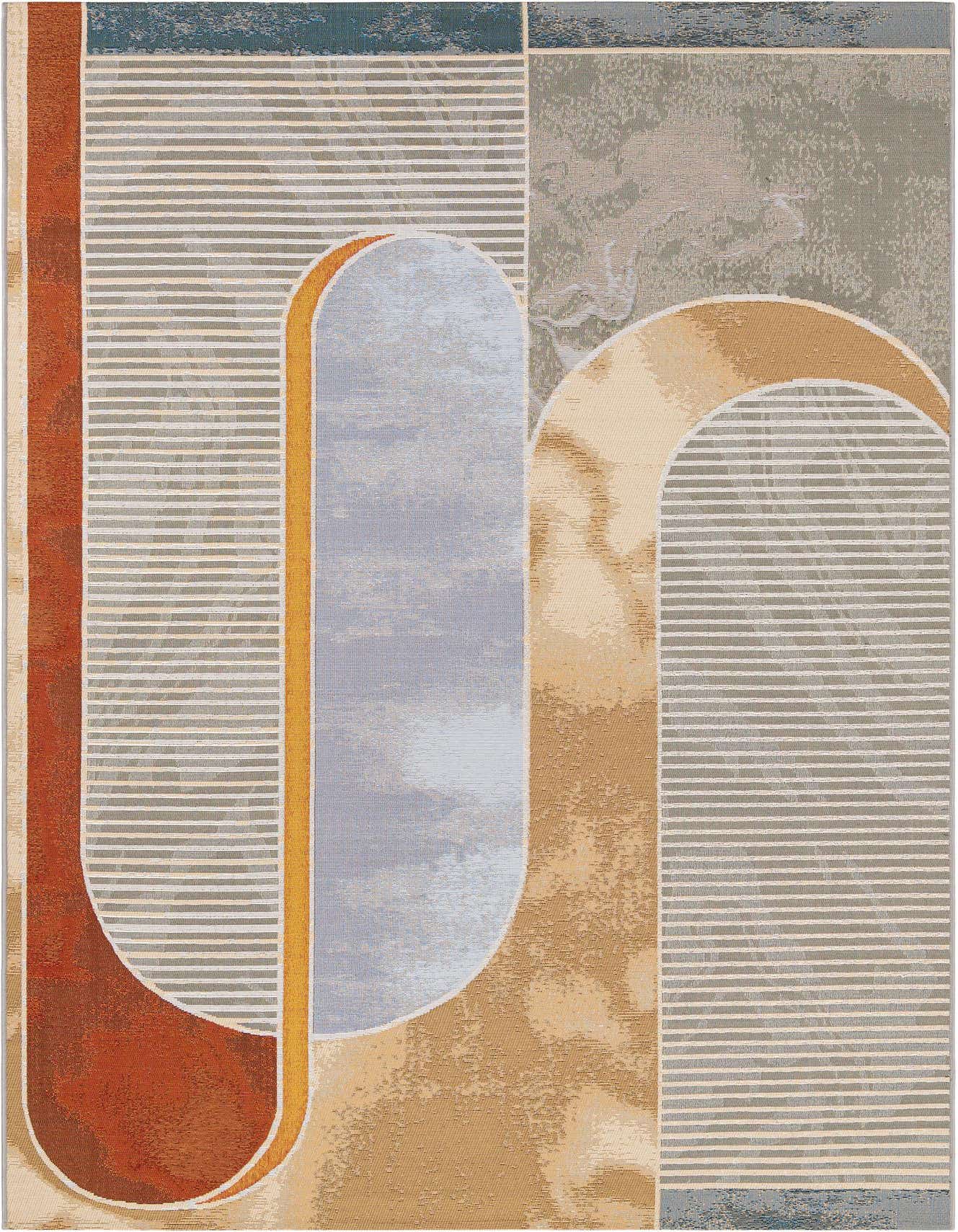 A 6x9 multi-colored contemporary abstract rug featuring large curved shapes in rust, gold, and light blue, with striped gray and textured beige sections.