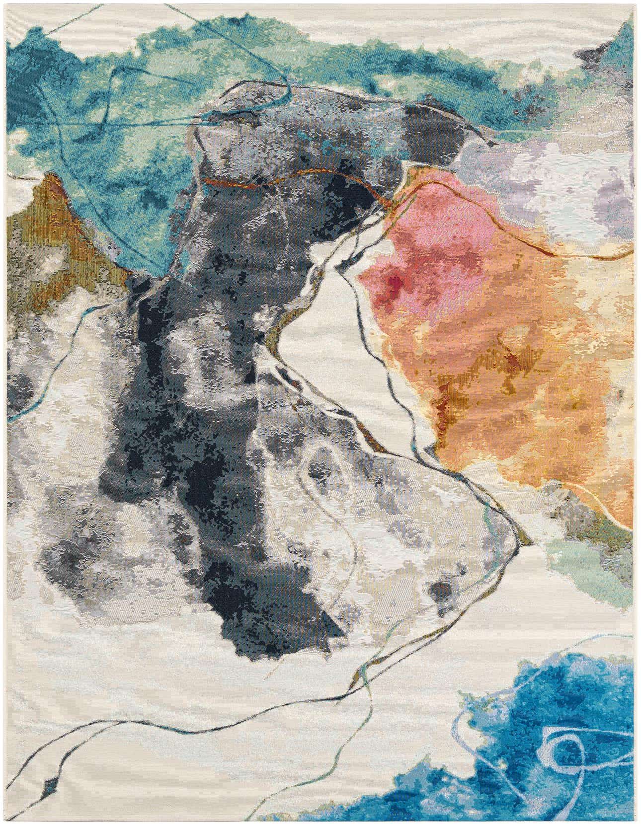 A 5x8 rectangular indoor/outdoor rug featuring an abstract, multi-colored pattern with shades of blue, orange, pink, and gray on a light background.