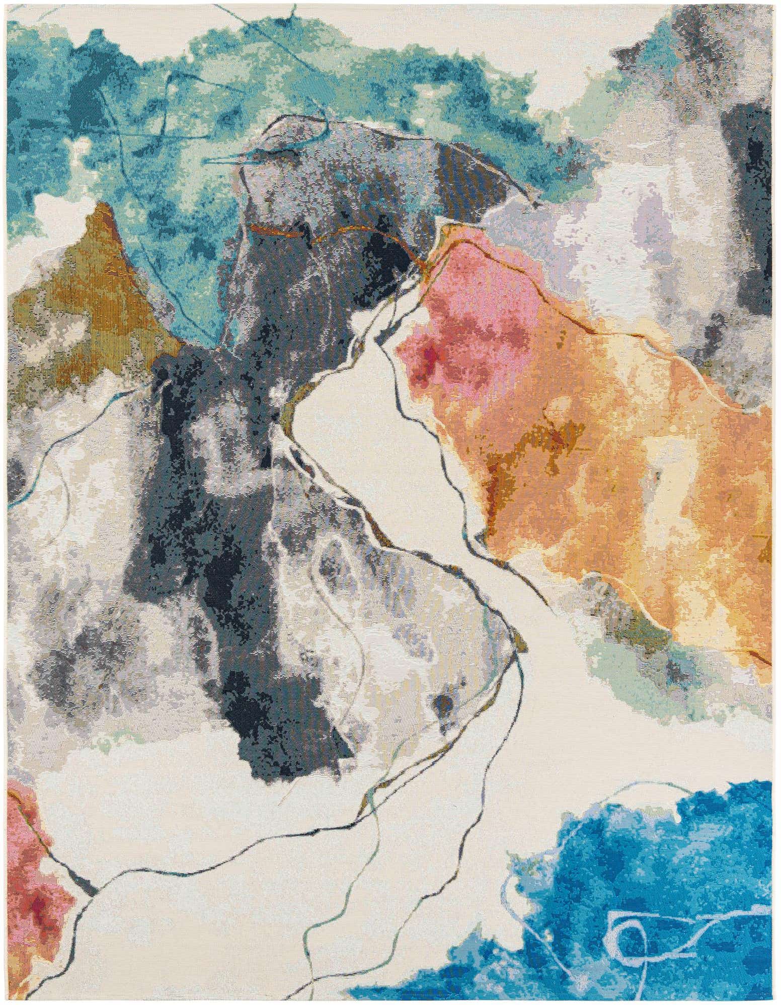 8x10 rectangular modern abstract rug with a multi-colored design featuring shades of blue, pink, orange, and gray on a light background, suitable for indoor or outdoor use.