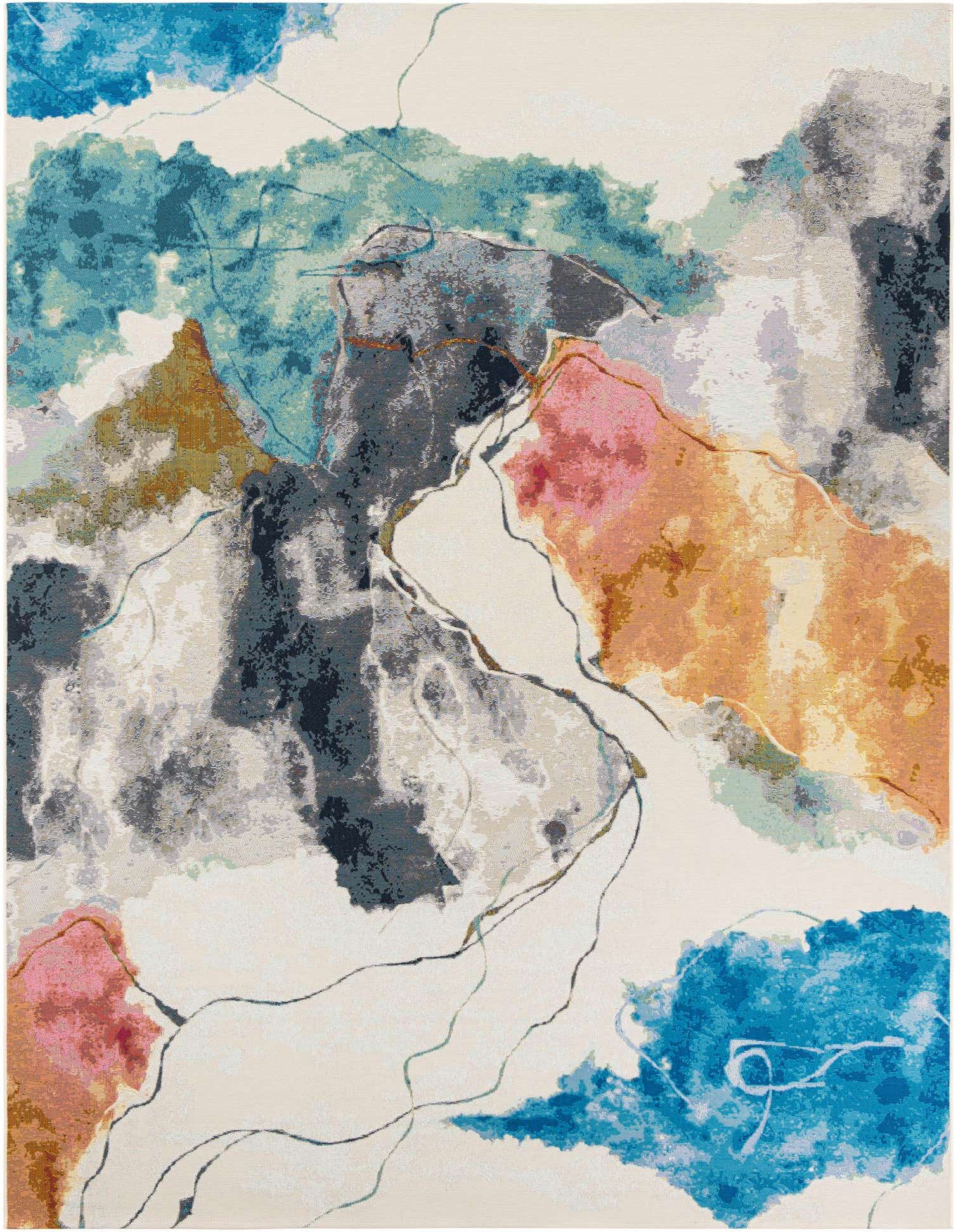 A 9x12 multi-colored abstract rug featuring splashes of blue, orange, pink, and gray on a cream background.