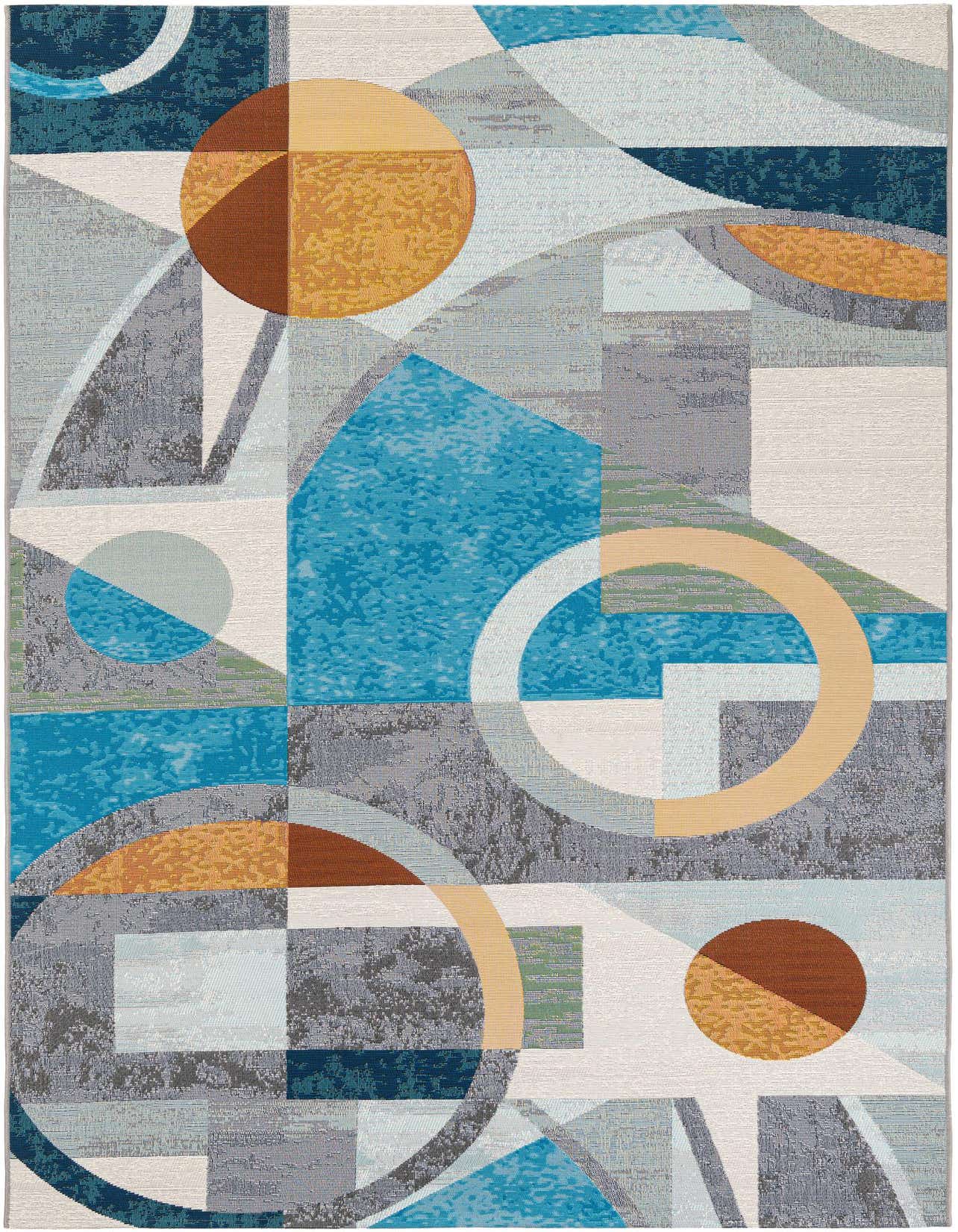 A 5x8 multi-colored contemporary rug featuring an abstract pattern of geometric shapes, circles, and lines in shades of blue, orange, brown, grey, and white.