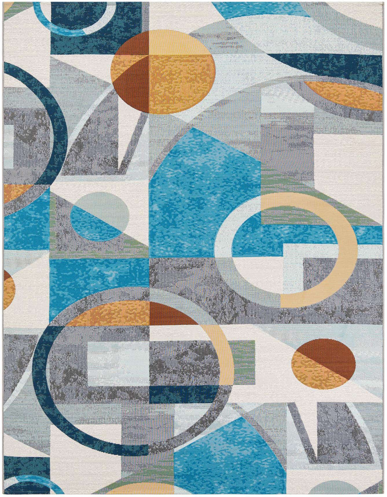 A 6x9 rectangular multi-colored contemporary rug with an abstract geometric pattern of circles and shapes in blue, orange, and grey.